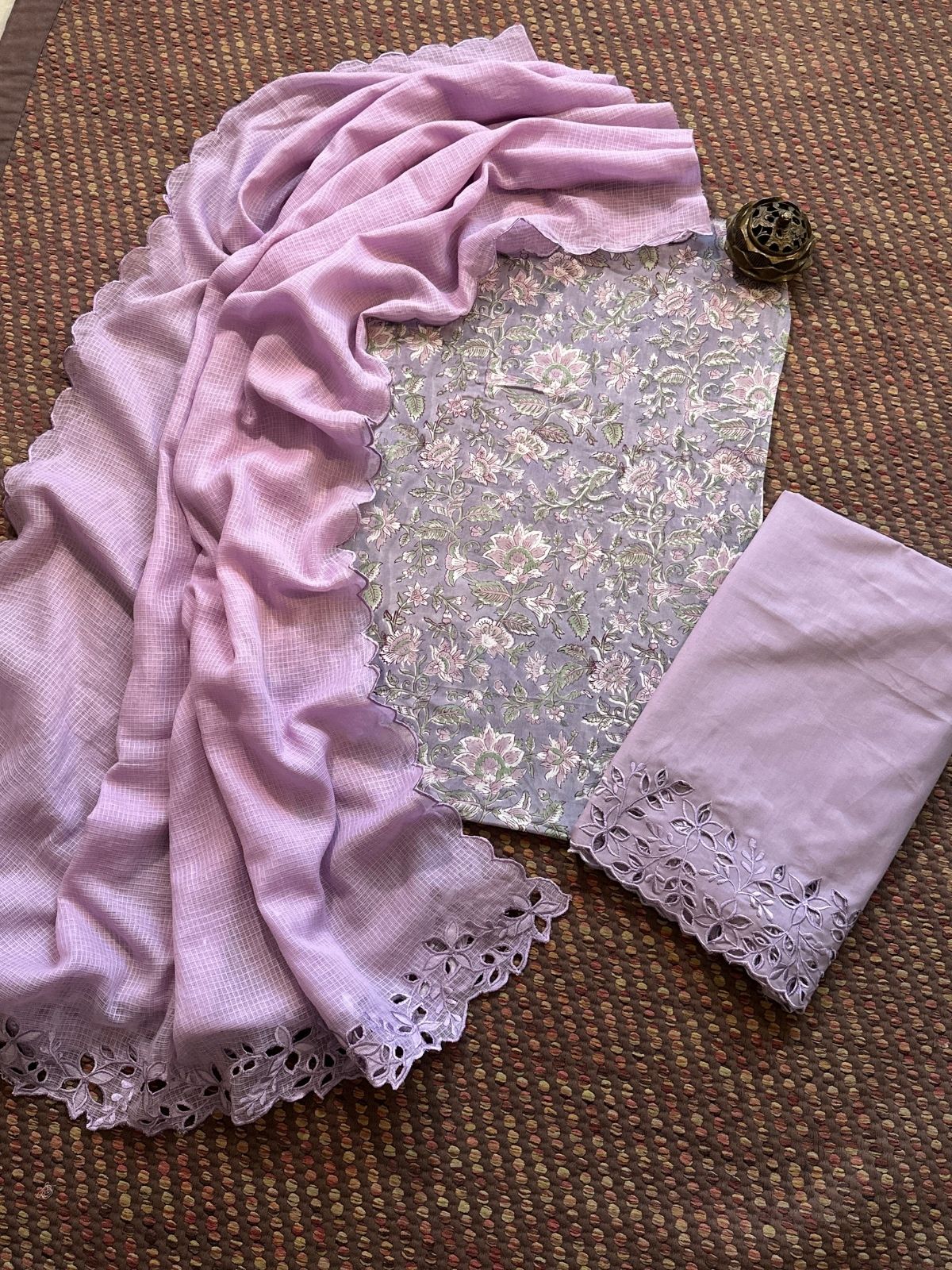 Pure Cotton Hand-blocked Fabric with Cutwork Bottom & Kota Doria Dupatta