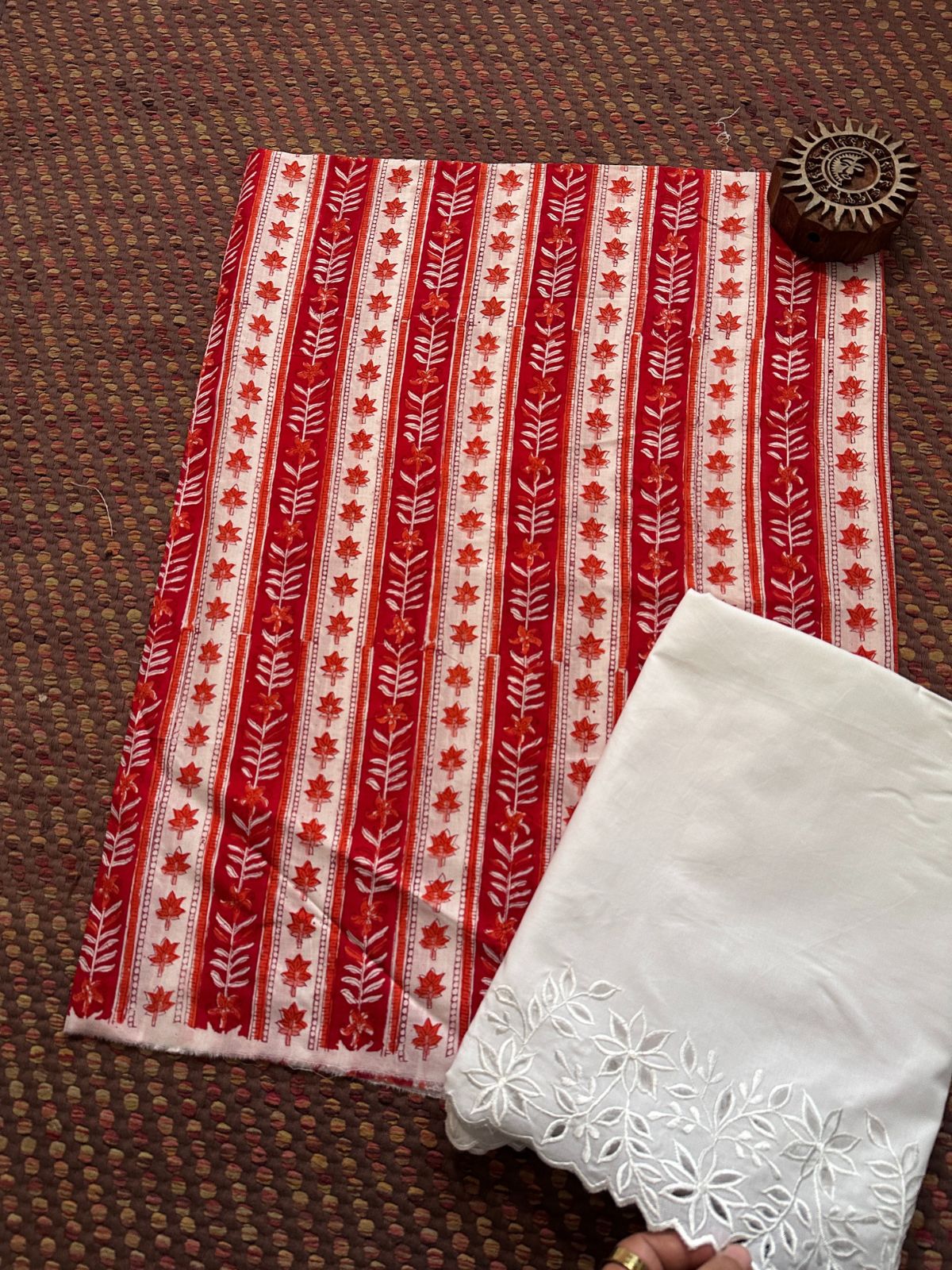 Pure Cotton Hand-blocked Fabric with Embroidered Bottom