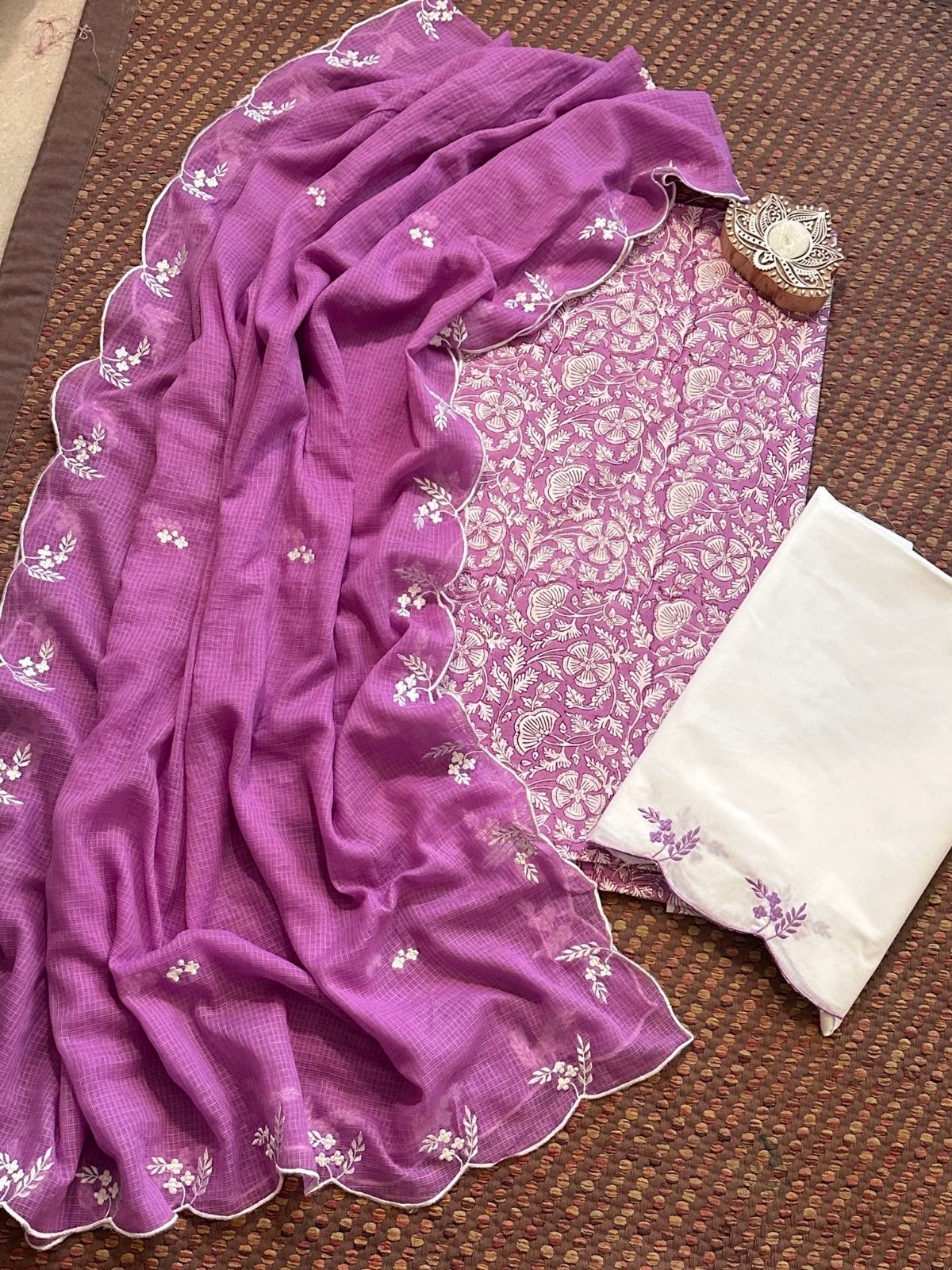 Pure Cotton Hand-block Fabric with Embroidered Bottom & Kota Doria Dupatta