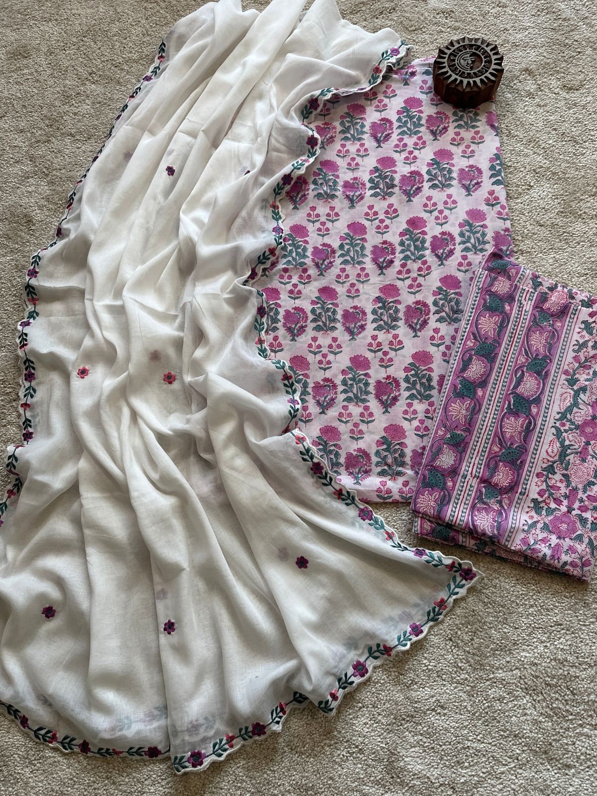 Pure Cotton Hand Blocked Set with Malmal Embroidered Dupatta