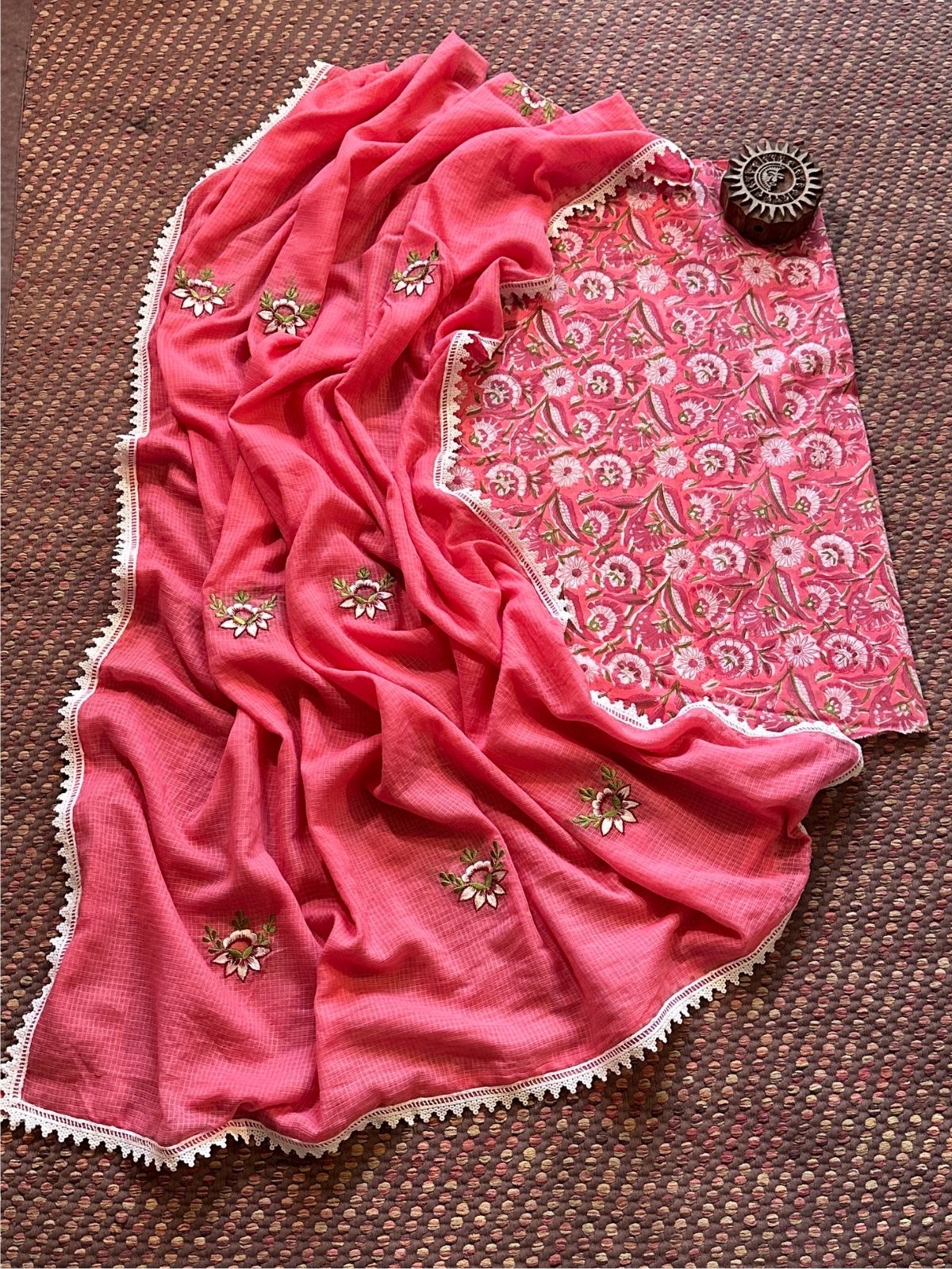Pure Cotton Handblocked Fabric with Embroidered Kota Dupatta