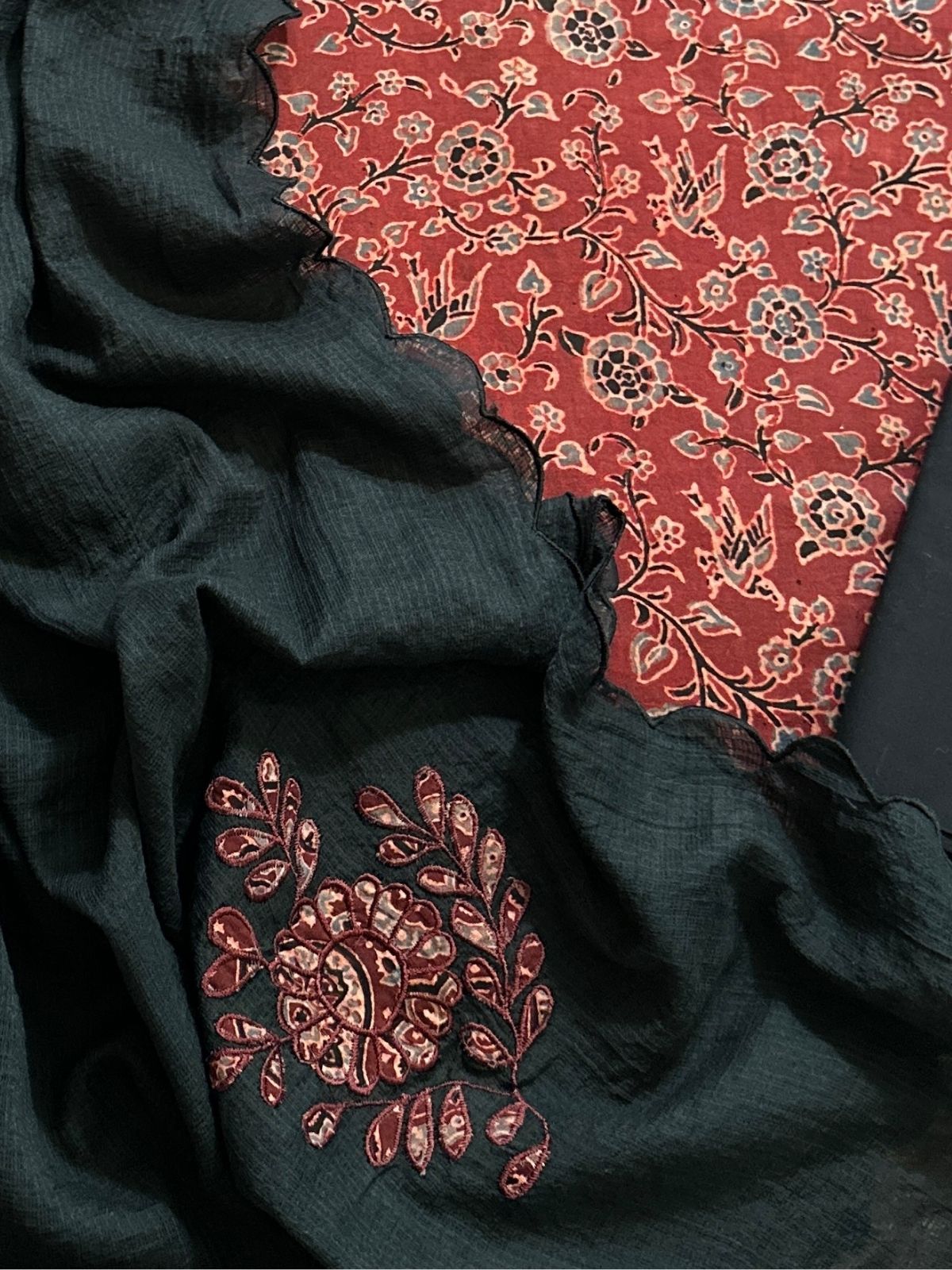 Ajrakh Cotton Malmal Unstitched Set with Applique Kota Dupatta