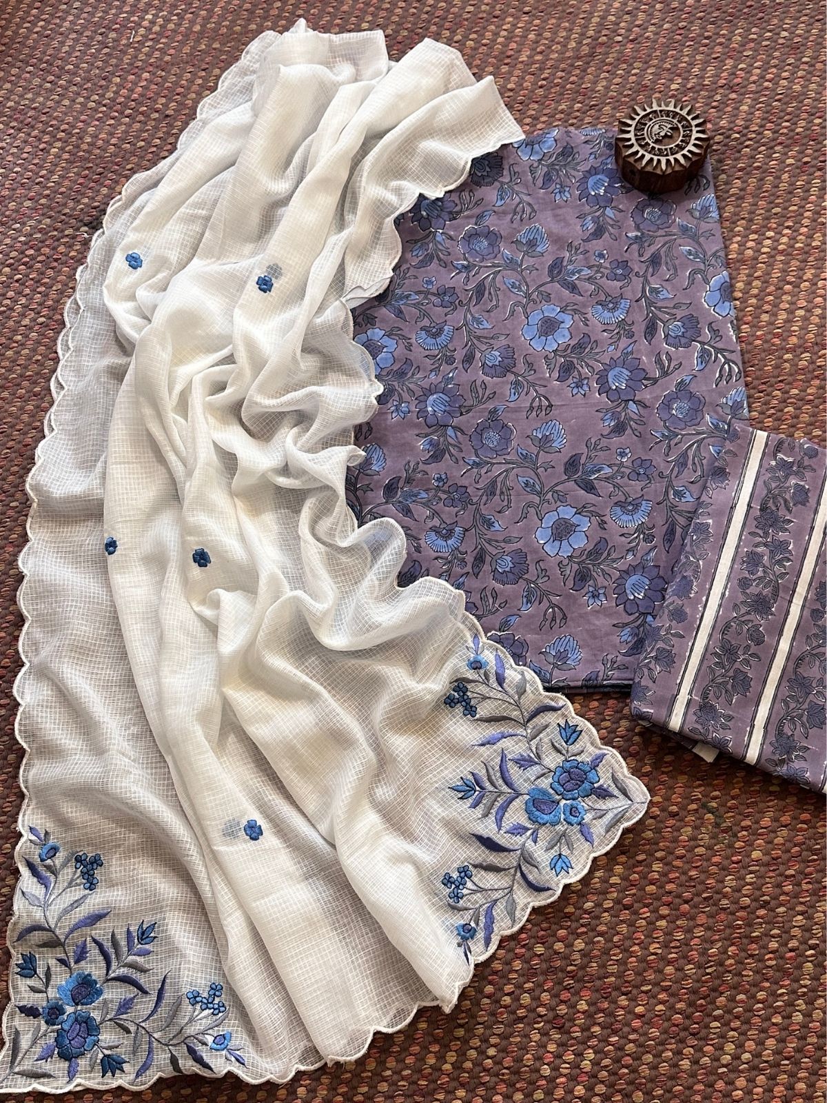 Pure Cotton Handblock Fabric with Embroidered Dupatta
