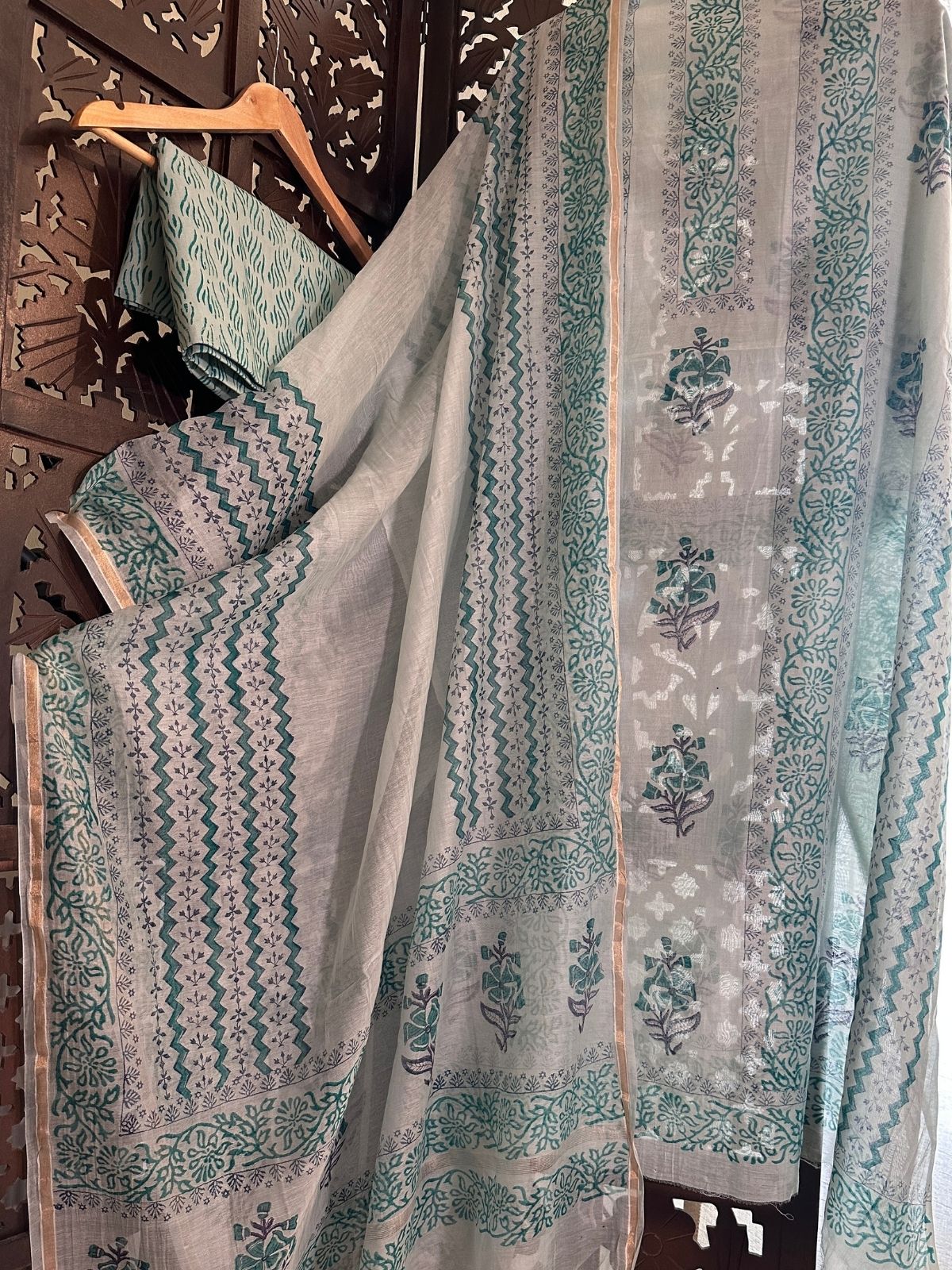 Premium Hand-blocked Malmal Maheswari Unstitched Set