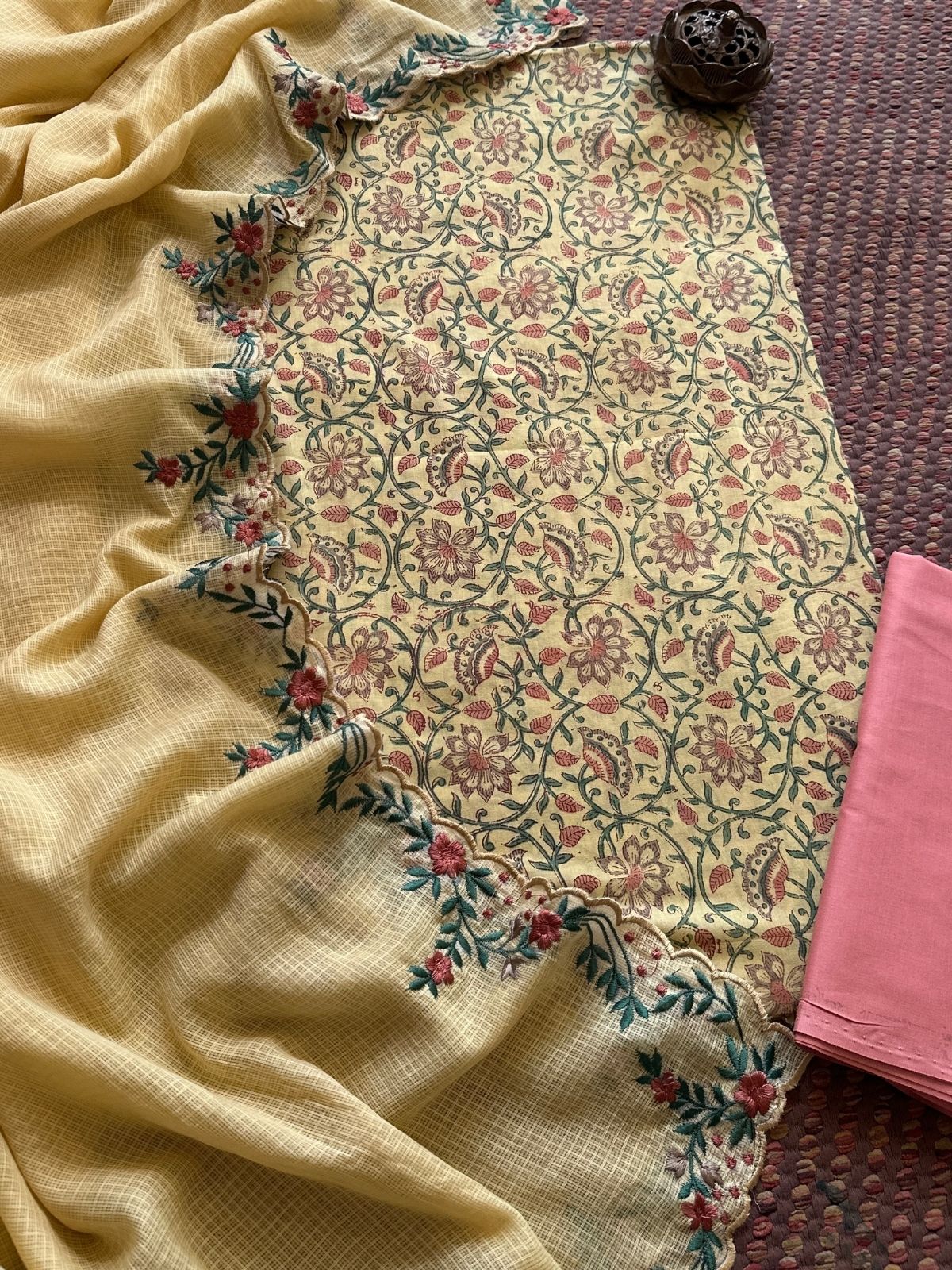 Pure Cotton Hand-block Fabric set with Embroidered Kota Doria Dupatta