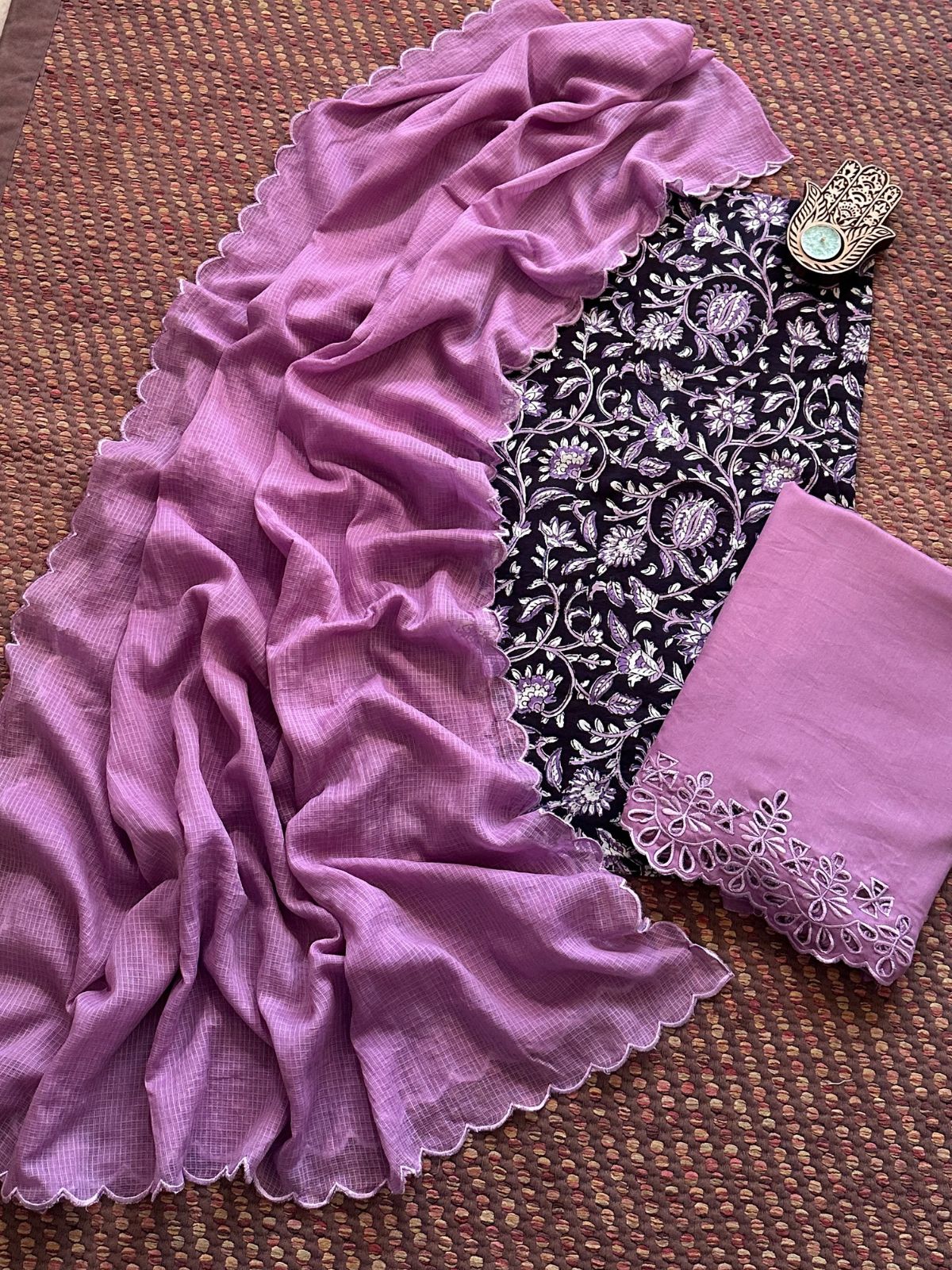 Pure Cotton Hand-blocked Fabric with Cutwork Bottom & Kota Doria Dupatta