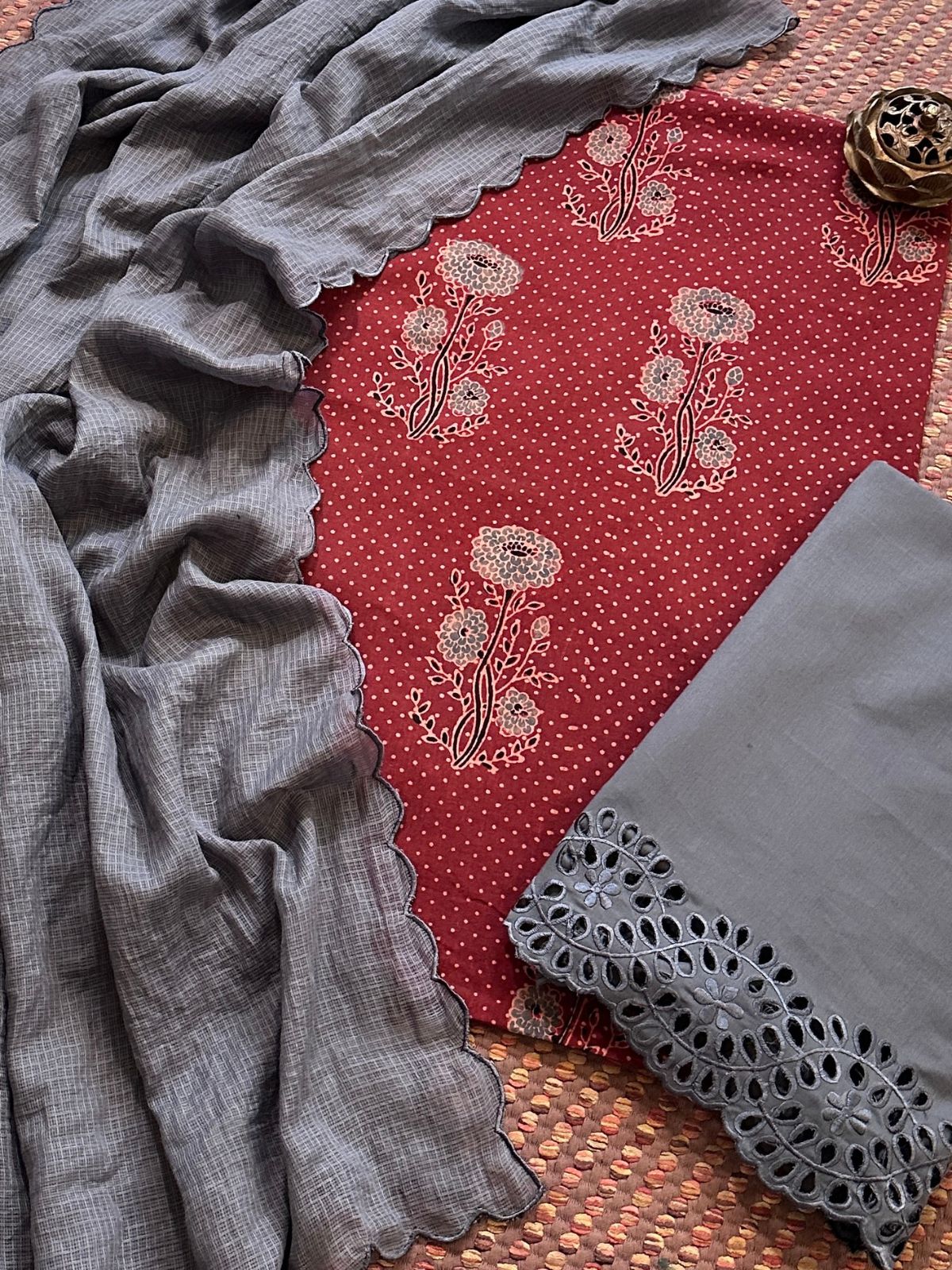 Pure Cotton Mul Ajrak with Scalloped Dupatta & Cutwork Bottom