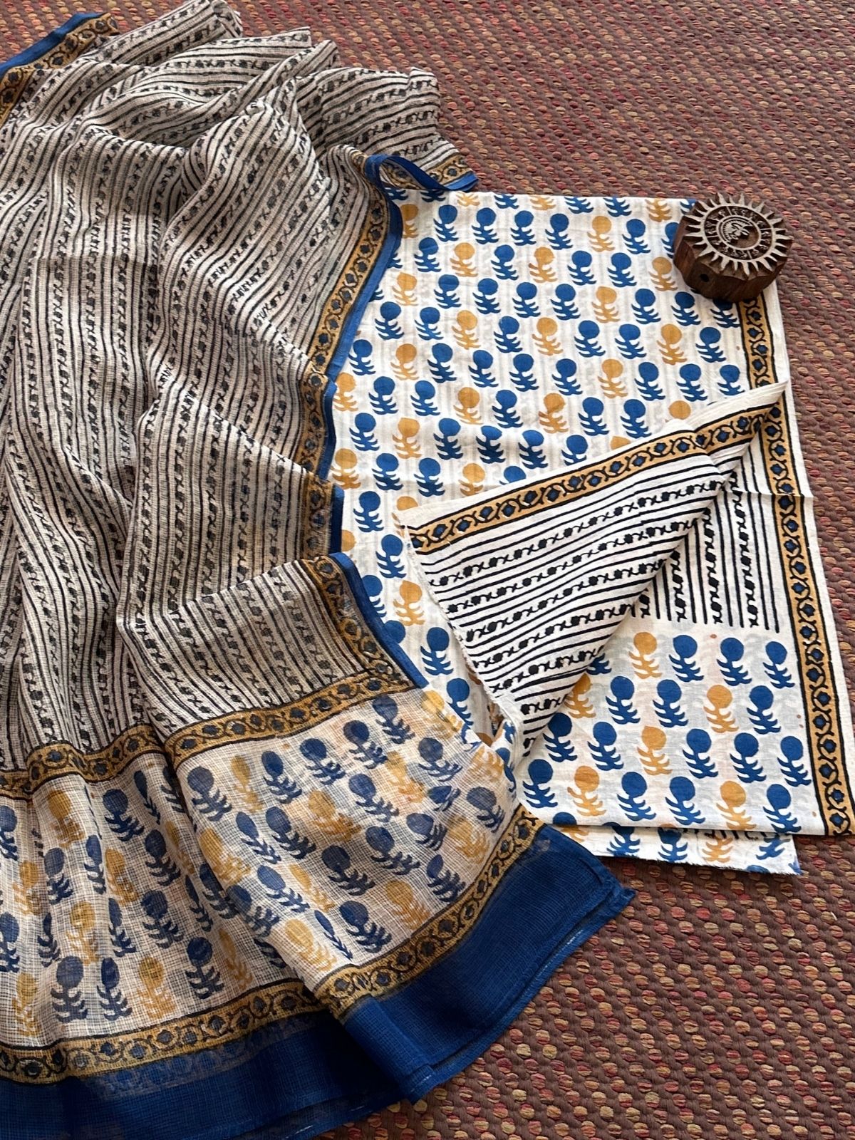 Pure Handblcoked Cotton Unstitched Set with Handblocked Kota Dupatta