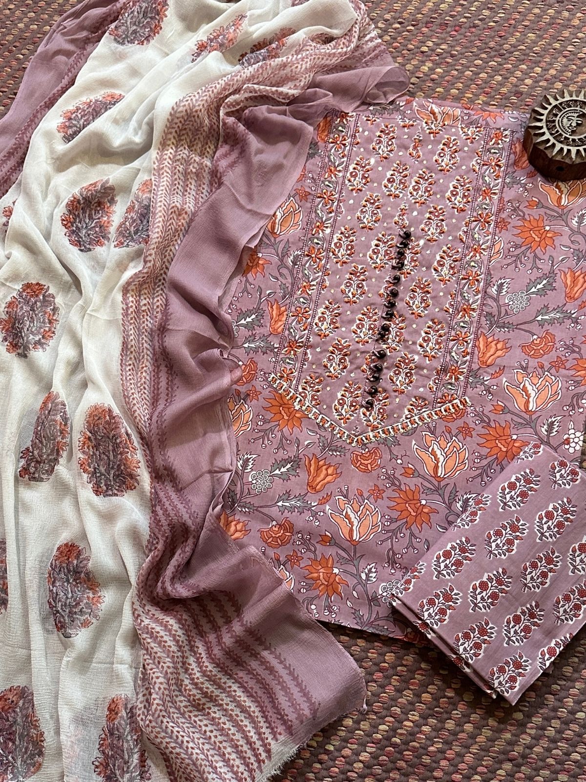 Pure Cotton Handblocked Unstitched Set with pure chiffon Dupatta