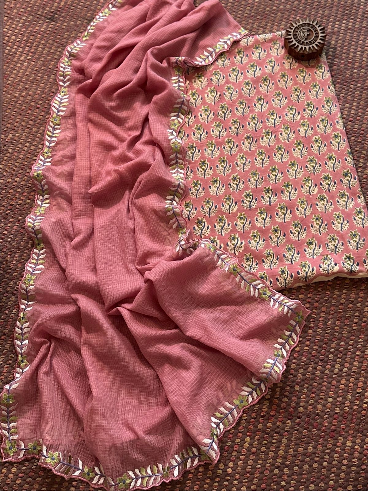 Pure Cotton Hand-blocked fabric with Embroidered Dupatta