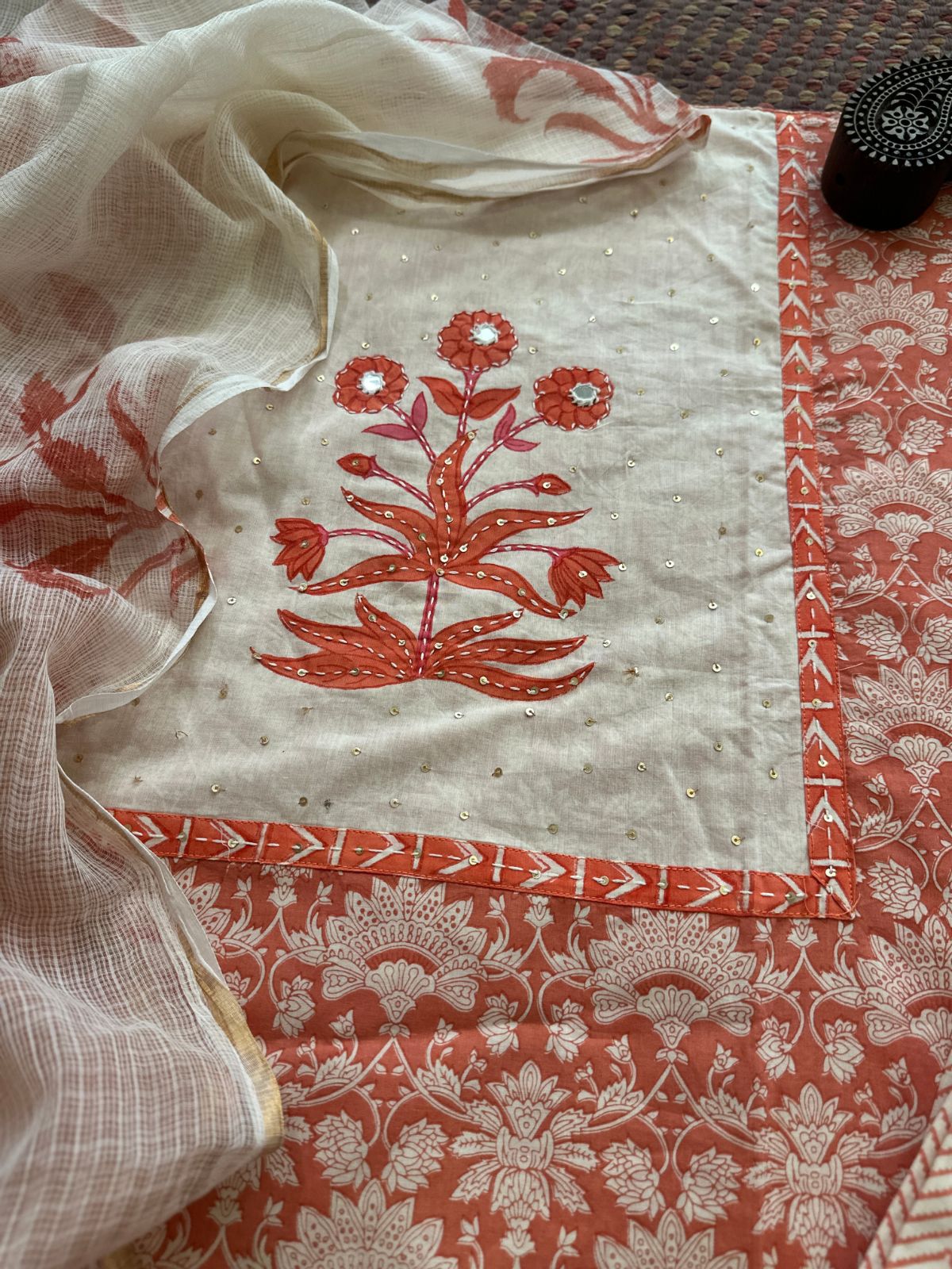 Pure Handblcoked Cotton Unstitched Set with Handblocked Kota Dupatta