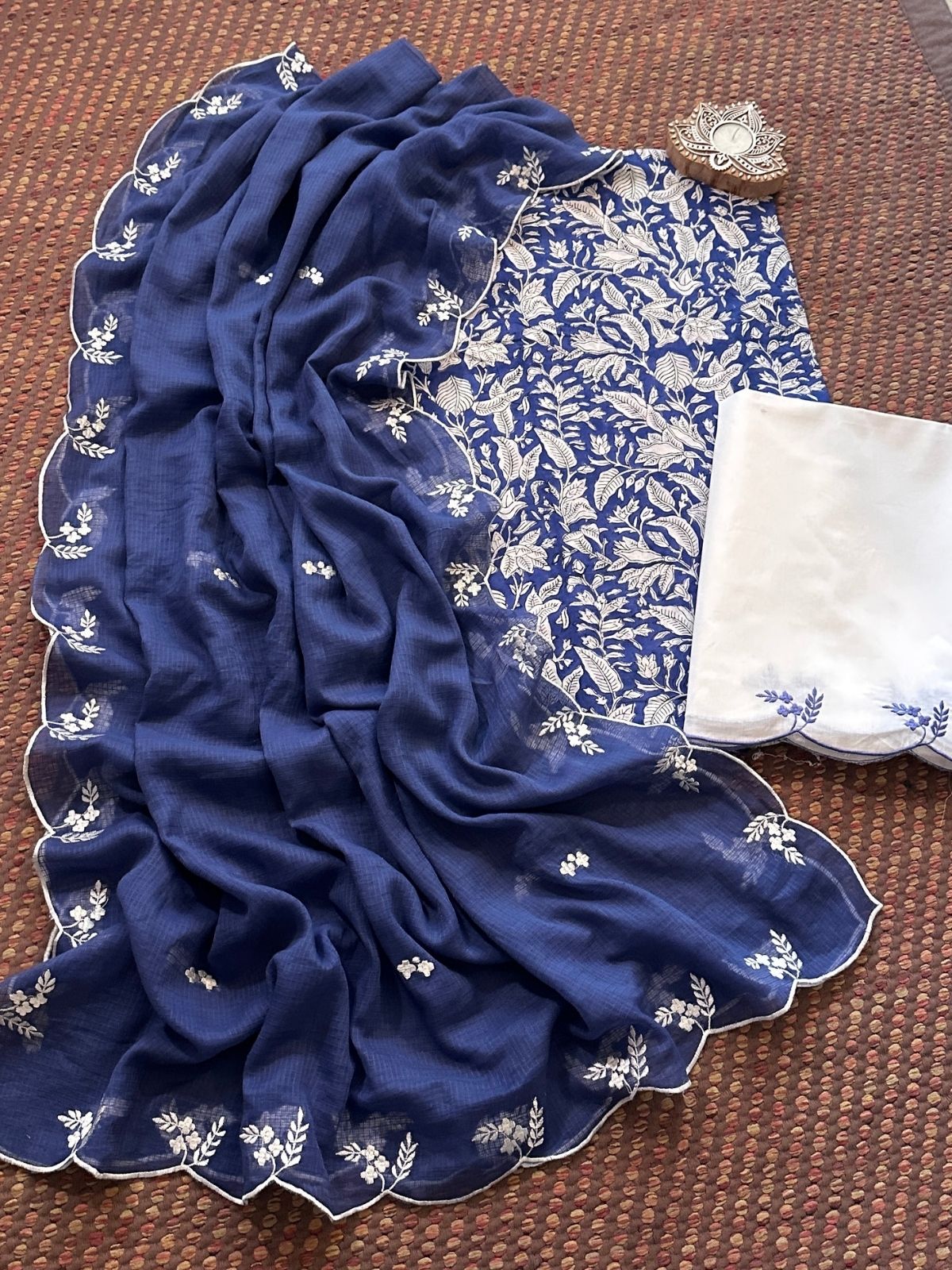 Pure Cotton Hand-block Fabric with Embroidered Bottom & Kota Doria Dupatta