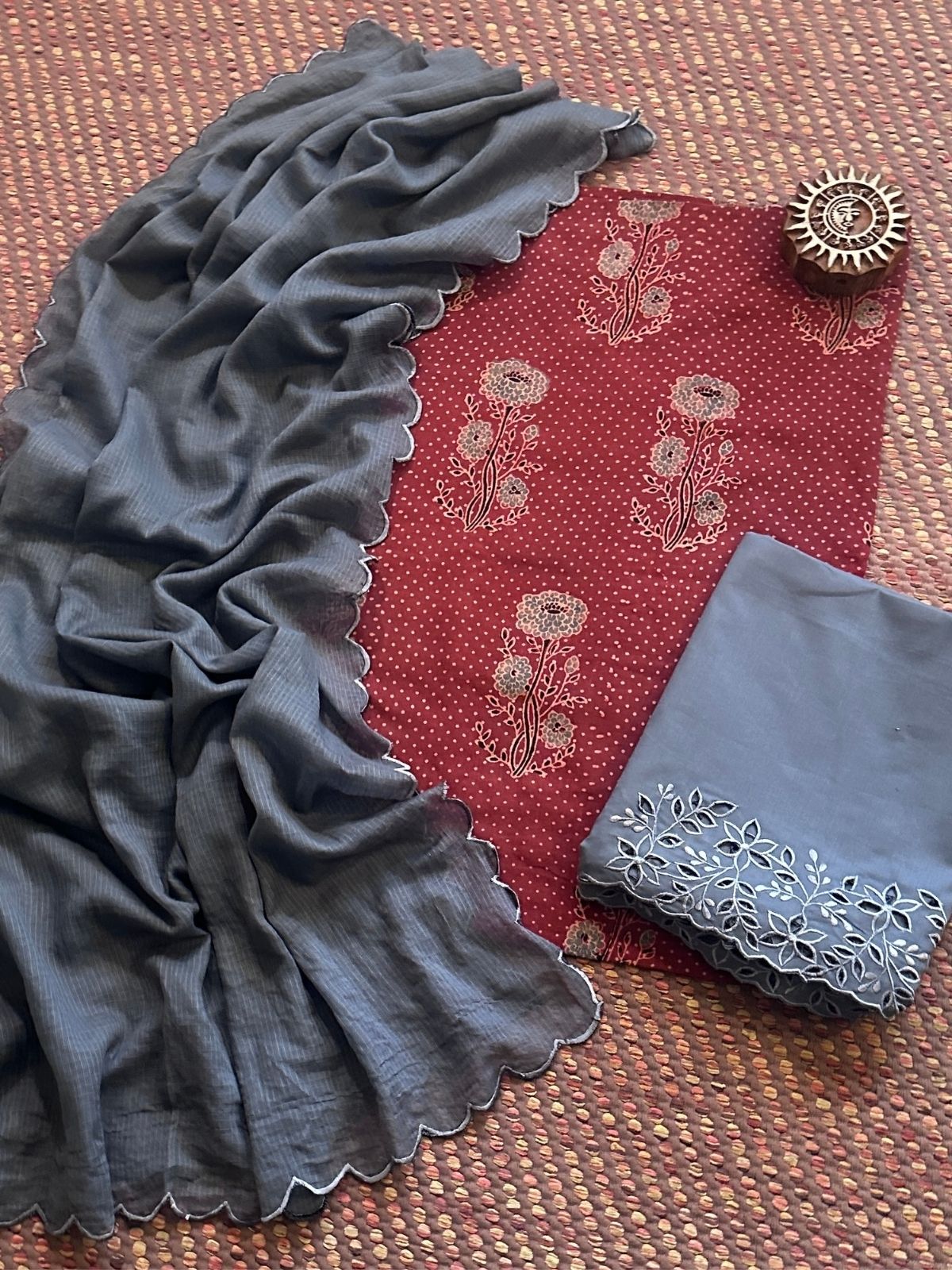 Pure Cotton Mul Ajrak with Scalloped Dupatta & Cutwork Bottom