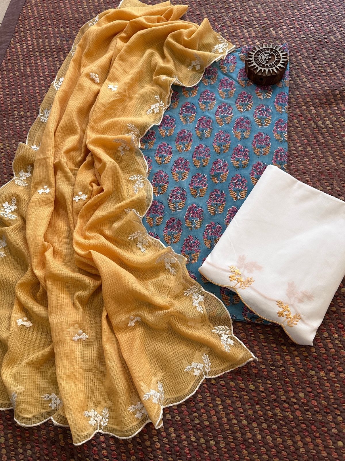 Pure Cotton Malmal Hand-block Fabric with Embroidered Bottom & Kota Doria Dupatta