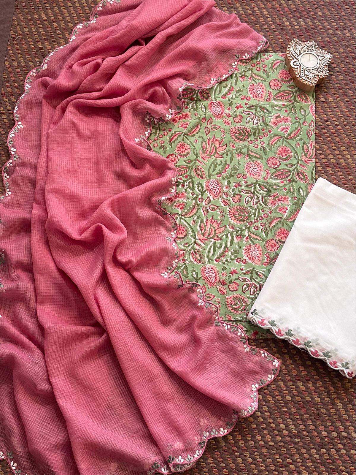 Pure Cotton Hand-block Fabric with Embroidered Bottom & Kota Doria Dupatta