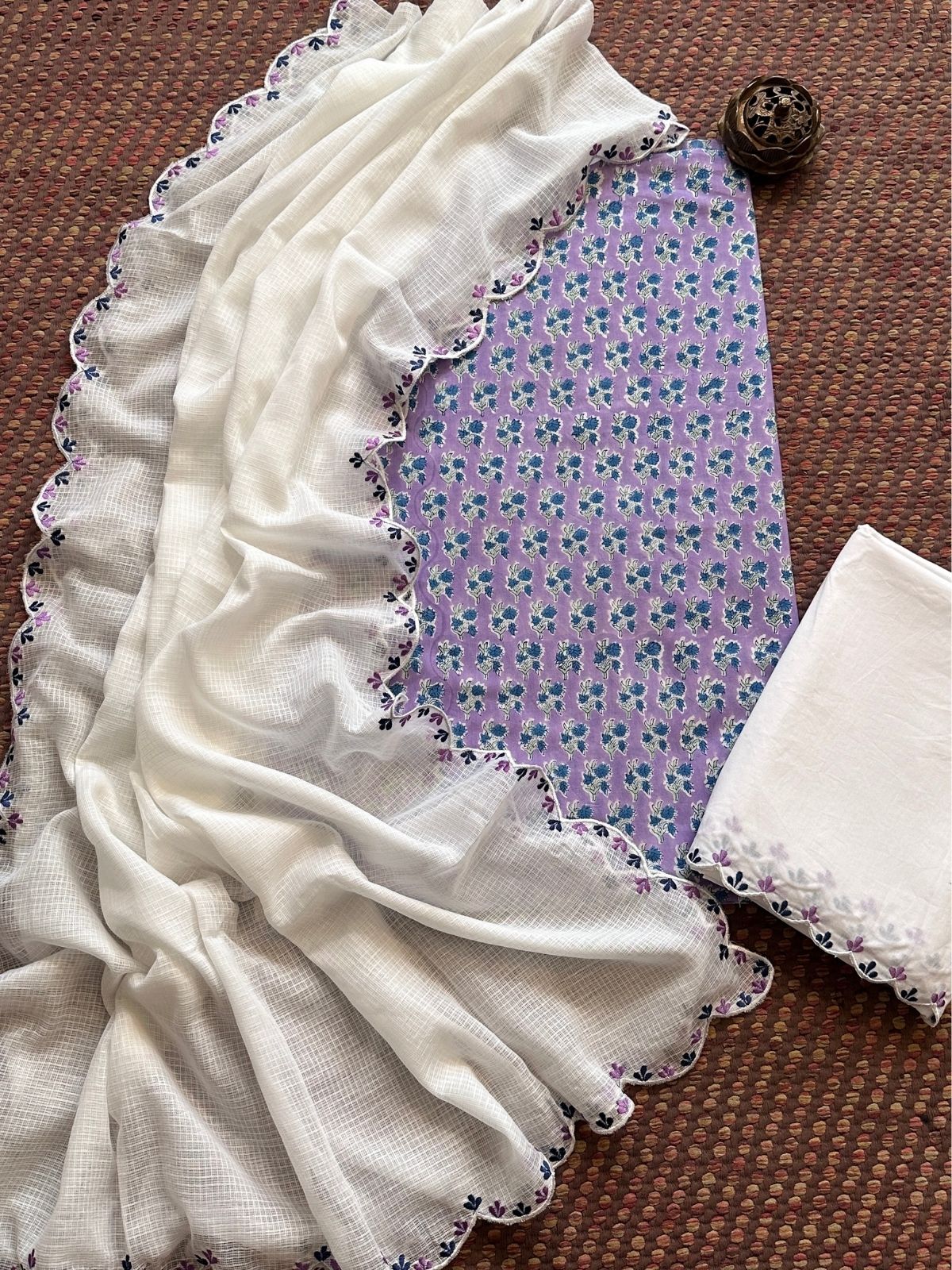 Pure Cotton Hand blocked Set with Embroidered Dupatta