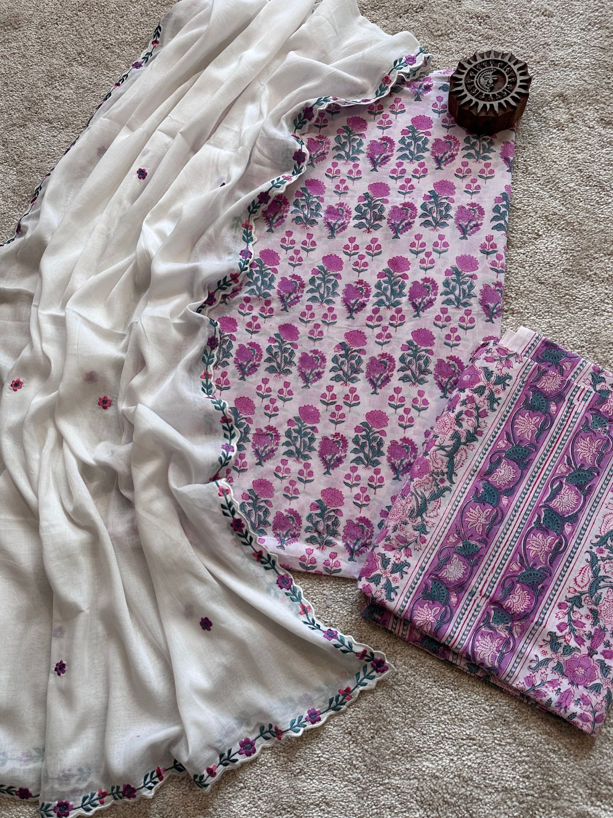 Pure Cotton Hand Blocked Set with Malmal Embroidered Dupatta