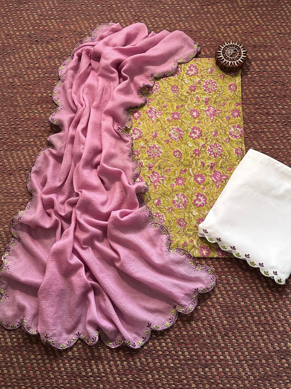 Pure Cotton Hand-block Fabric with Embroidered Bottom & Kota Doria Dupatta