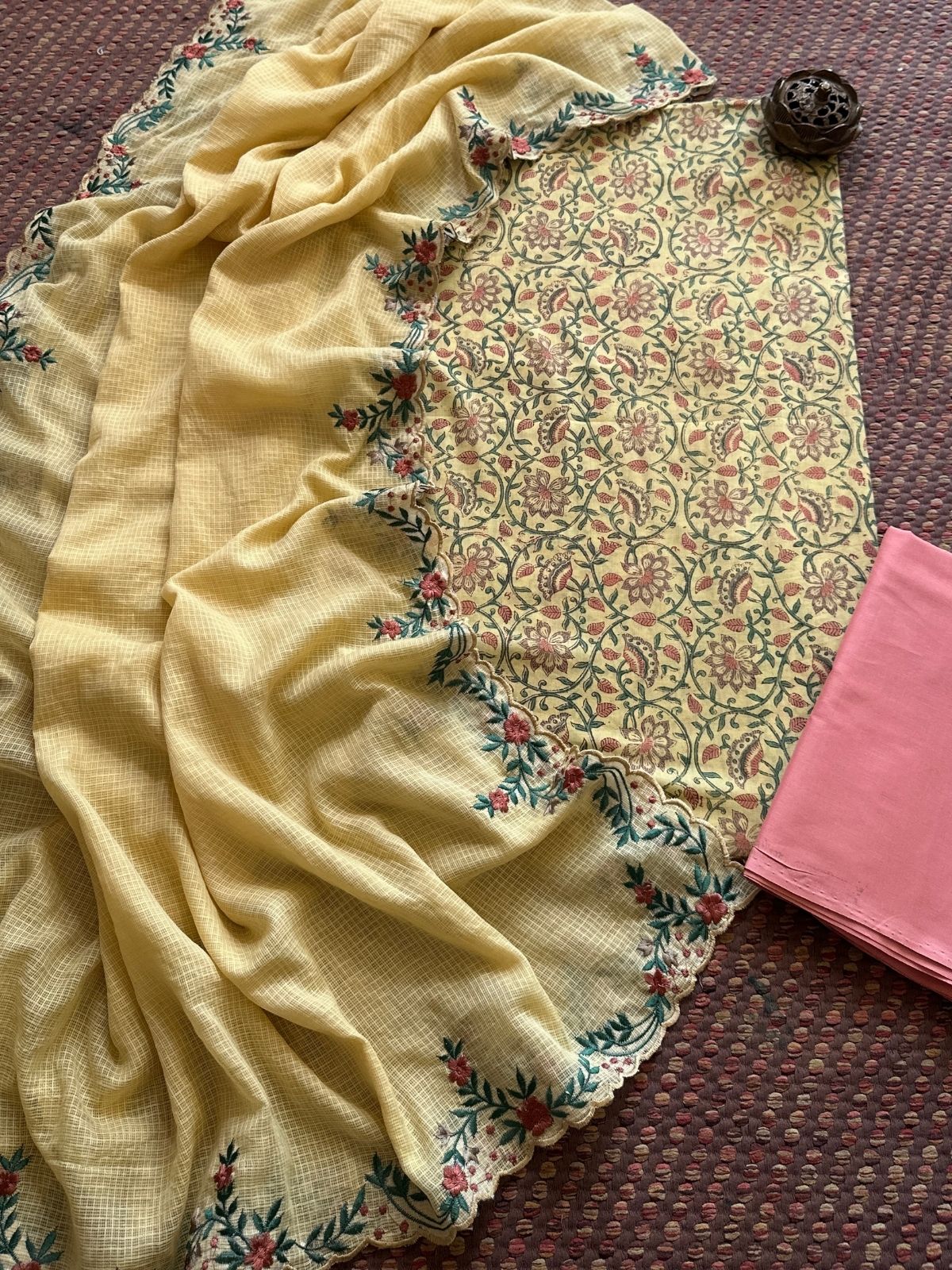 Pure Cotton Hand-block Fabric set with Embroidered Kota Doria Dupatta