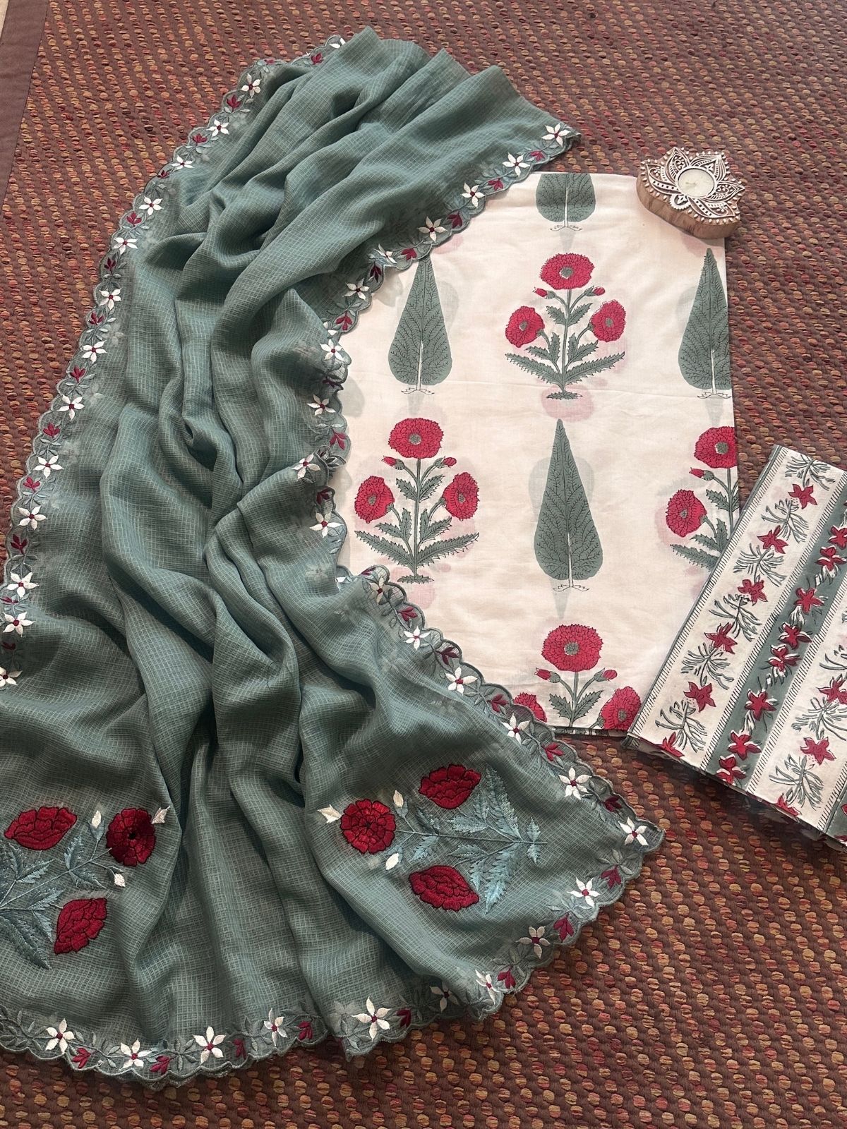 Pure Cotton  Hand blocked Set with Embroidered Dupatta