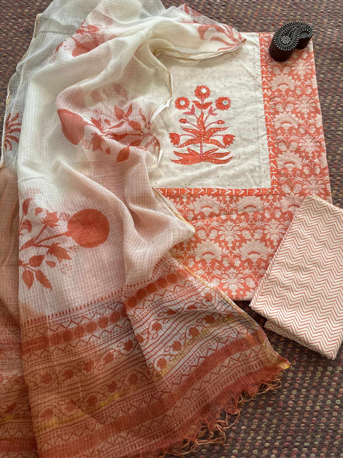 Pure Handblcoked Cotton Unstitched Set with Handblocked Kota Dupatta
