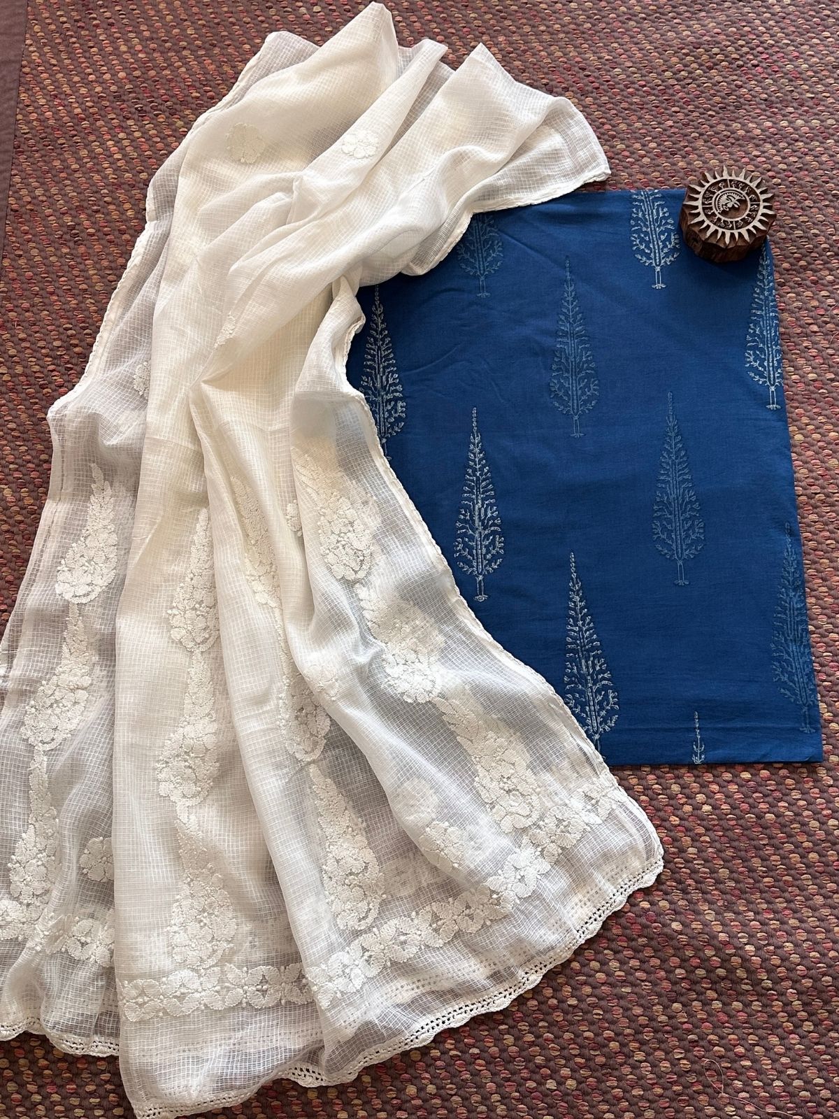 Pure Cotton Indigo fabric with Chikankari Dupatta