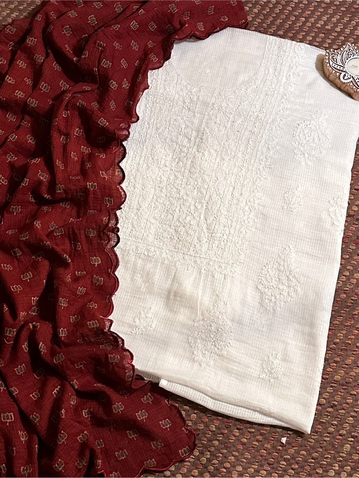 Chikankari Hand Embroidered Fabric with Ajrak Hadblocked Kota Dupatta