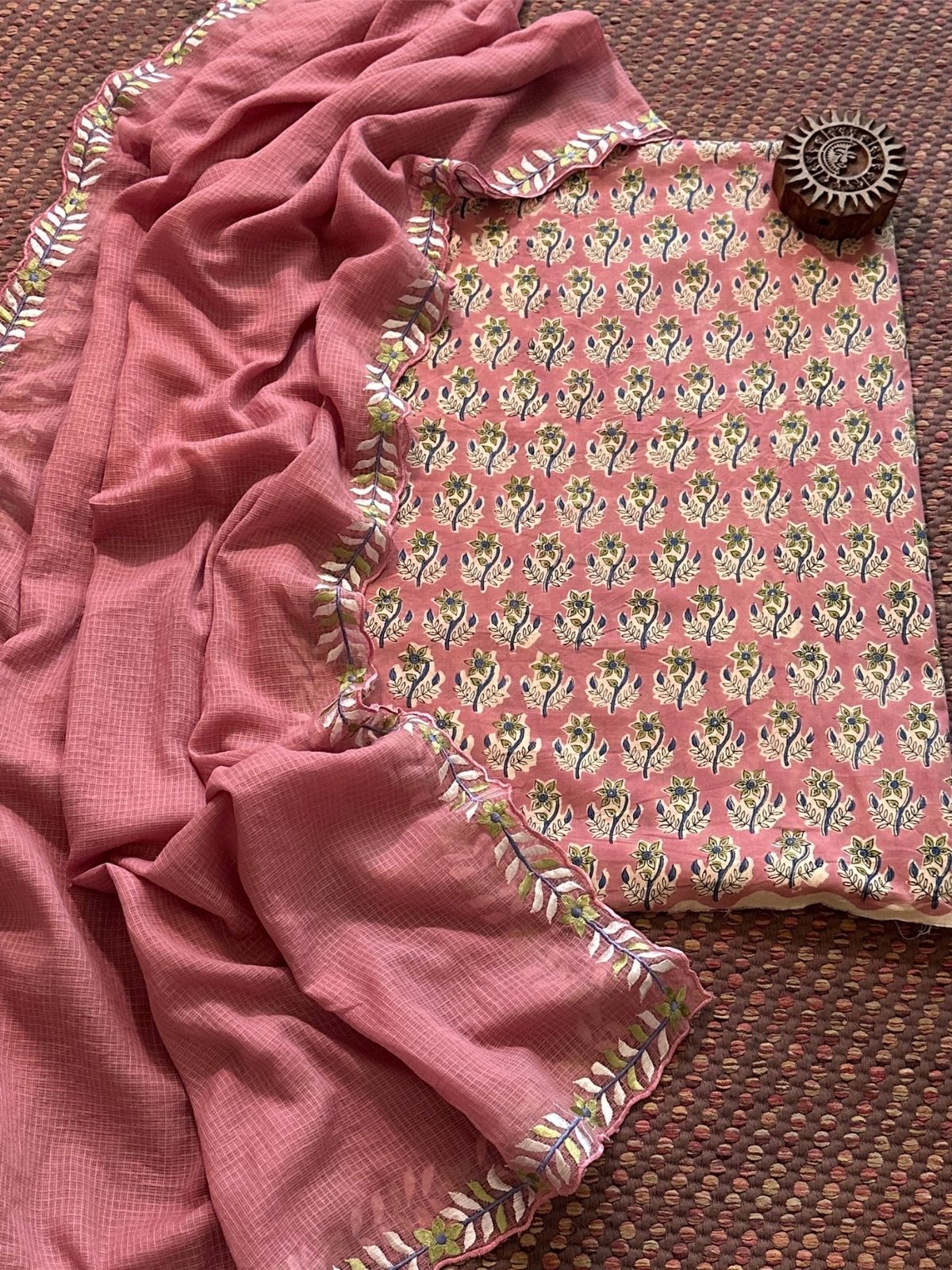 Pure Cotton Hand-blocked fabric with Embroidered Dupatta