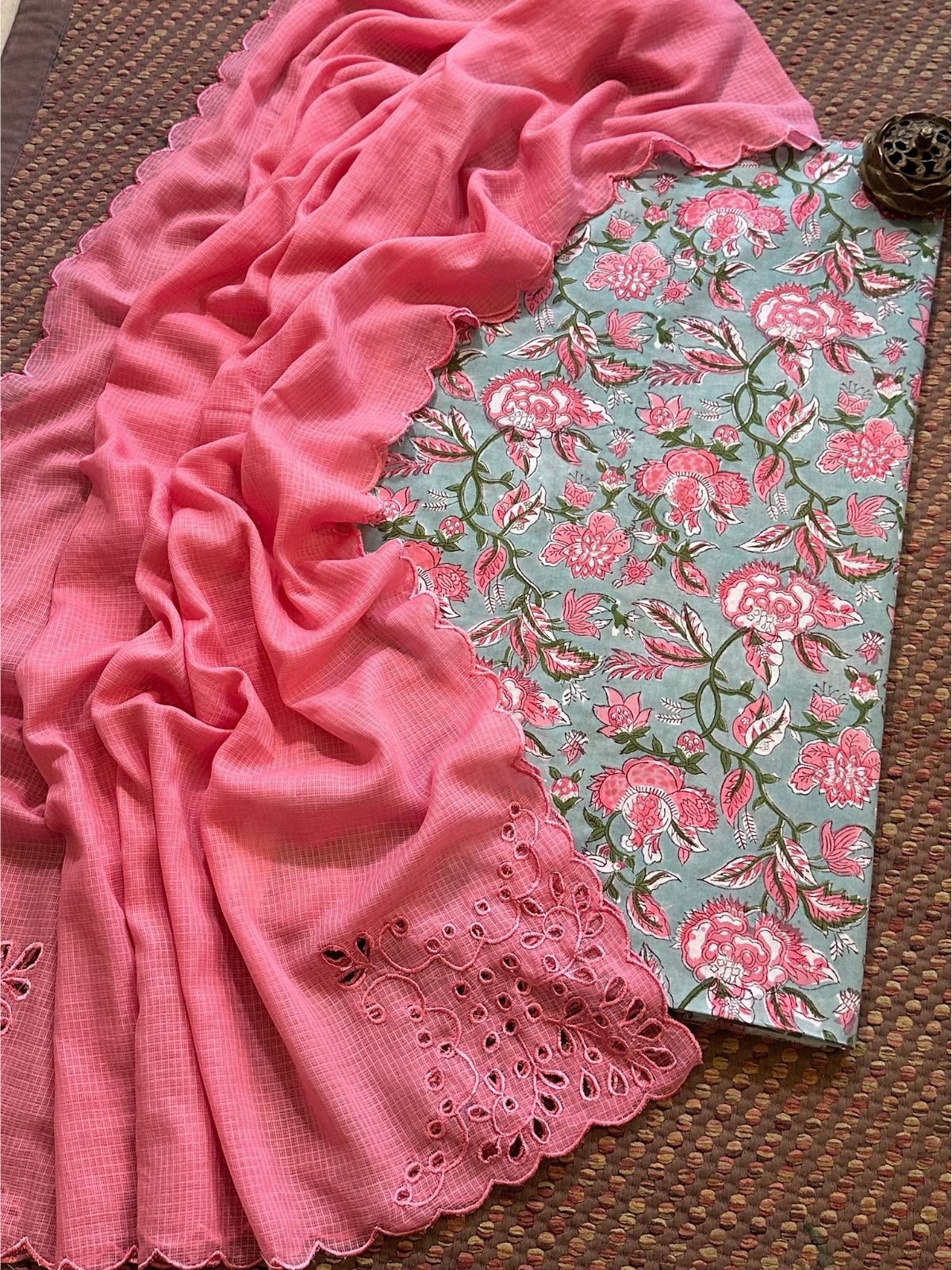 Pure Cotton Hand-blocked Fabric Set with Cutwork Kota Doria Dupatta