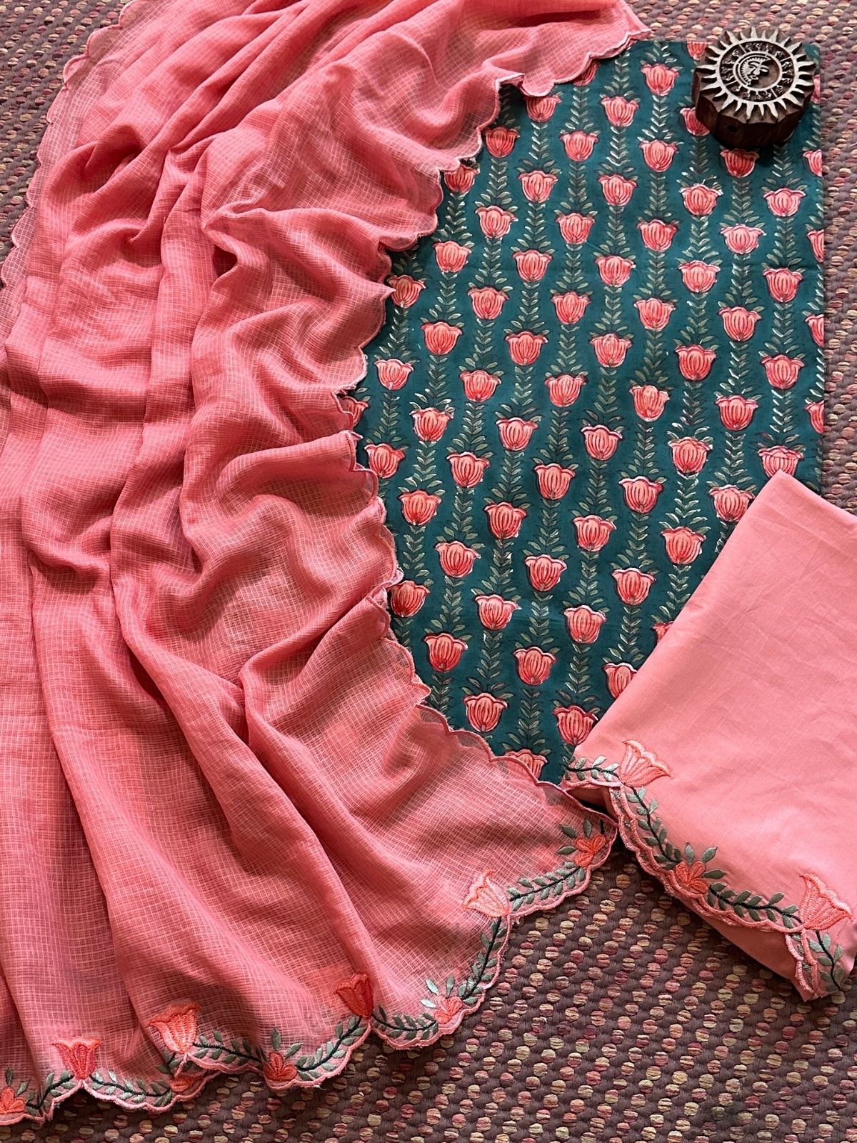 Pure Cotton Hand-block Fabric with Embroidered Bottom & Kota Doria Dupatta