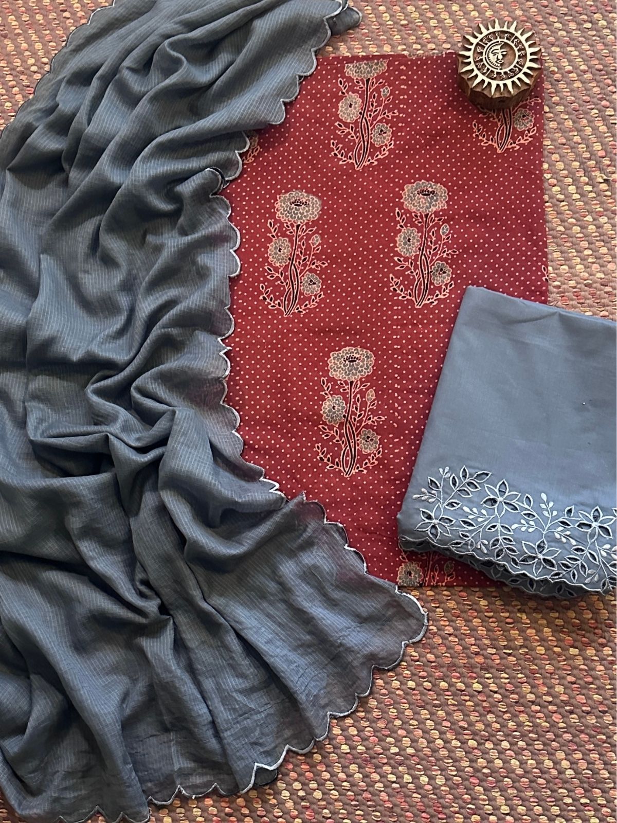 Pure Cotton Mul Ajrak with Scalloped Dupatta & Cutwork Bottom