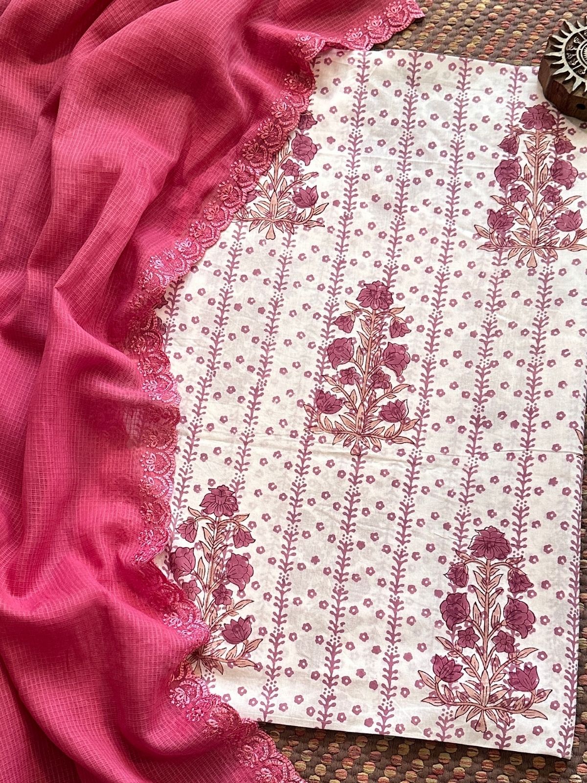 Pure Cotton  Handblock Fabric with Embroidered Kota Dupatta