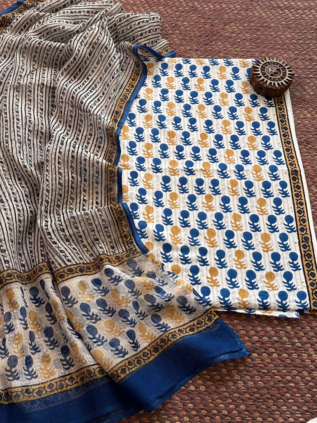 Pure Handblcoked Cotton Unstitched Set with Handblocked Kota Dupatta