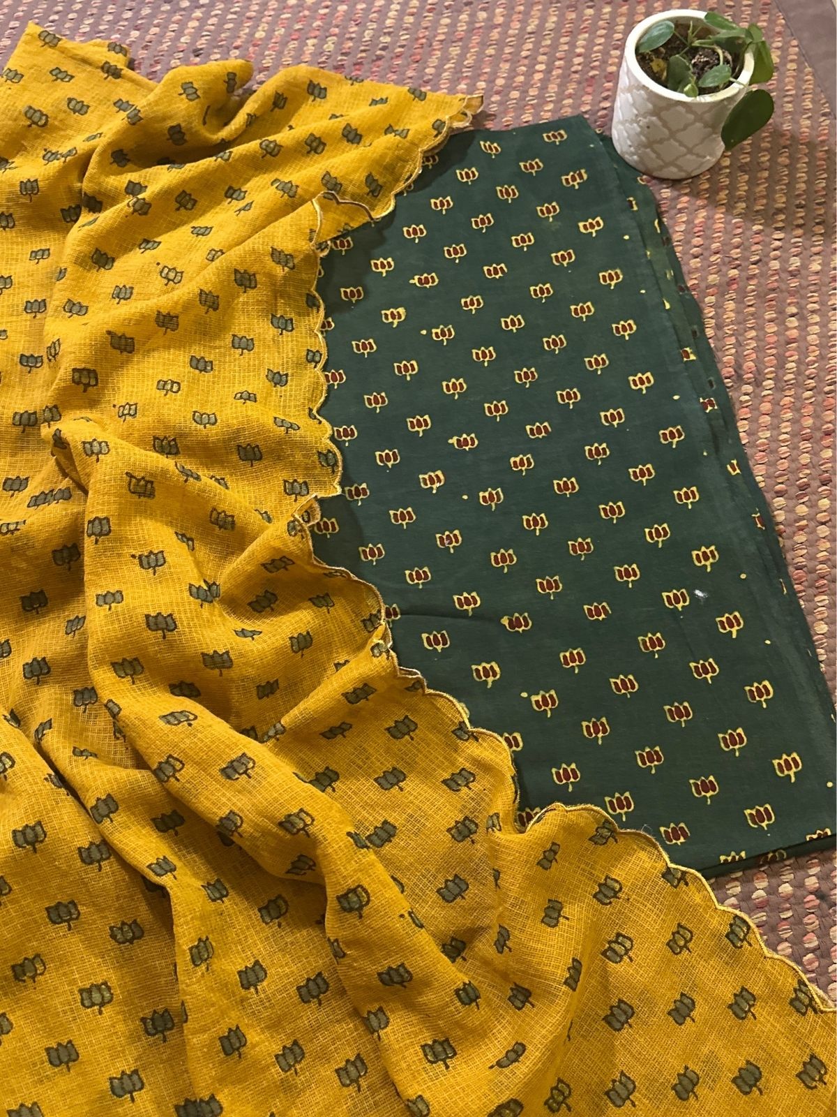 Ajrakh Cotton Malmal Handblocked Set- Top & Dupatta