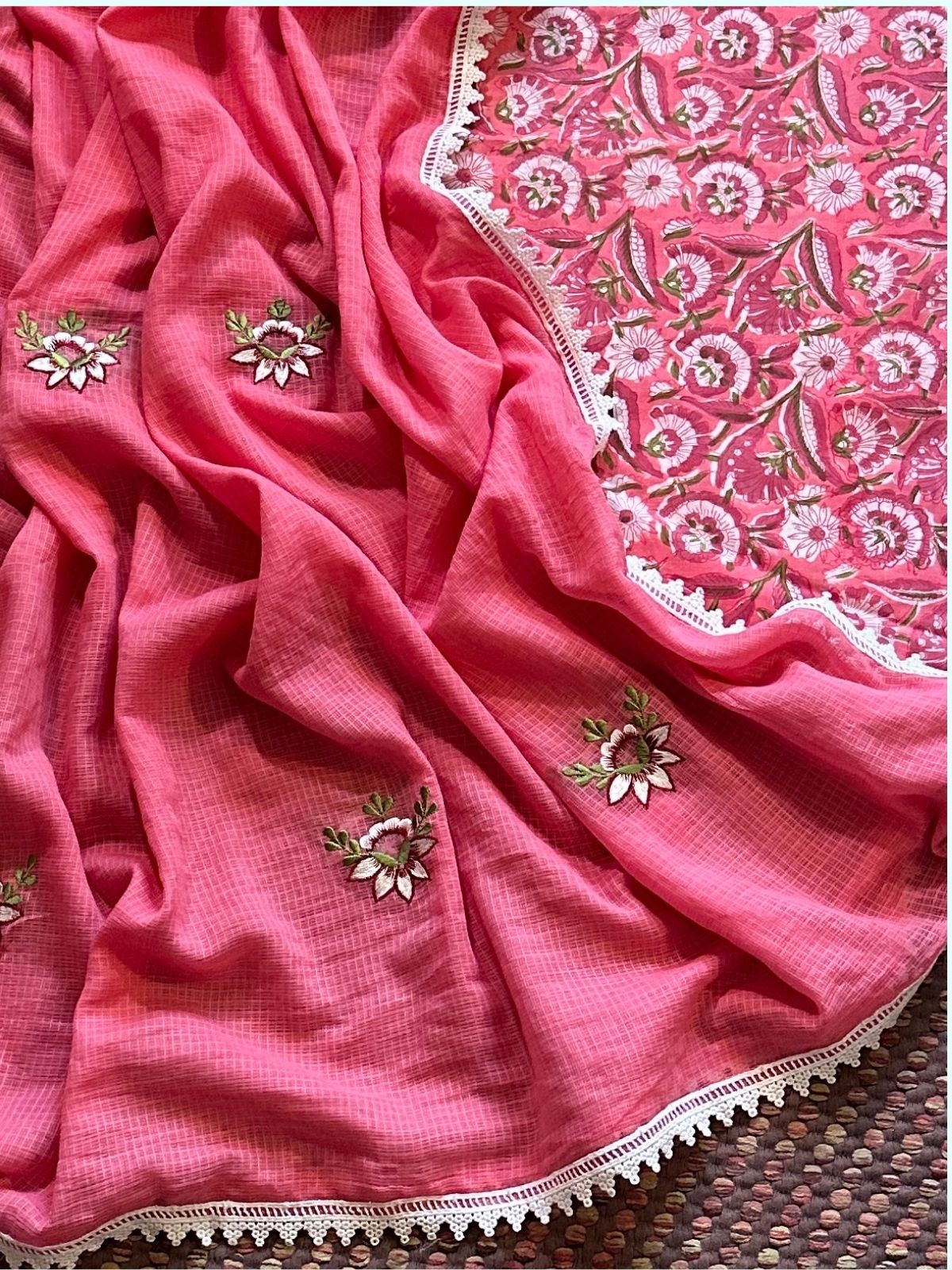 Pure Cotton Handblocked Fabric with Embroidered Kota Dupatta