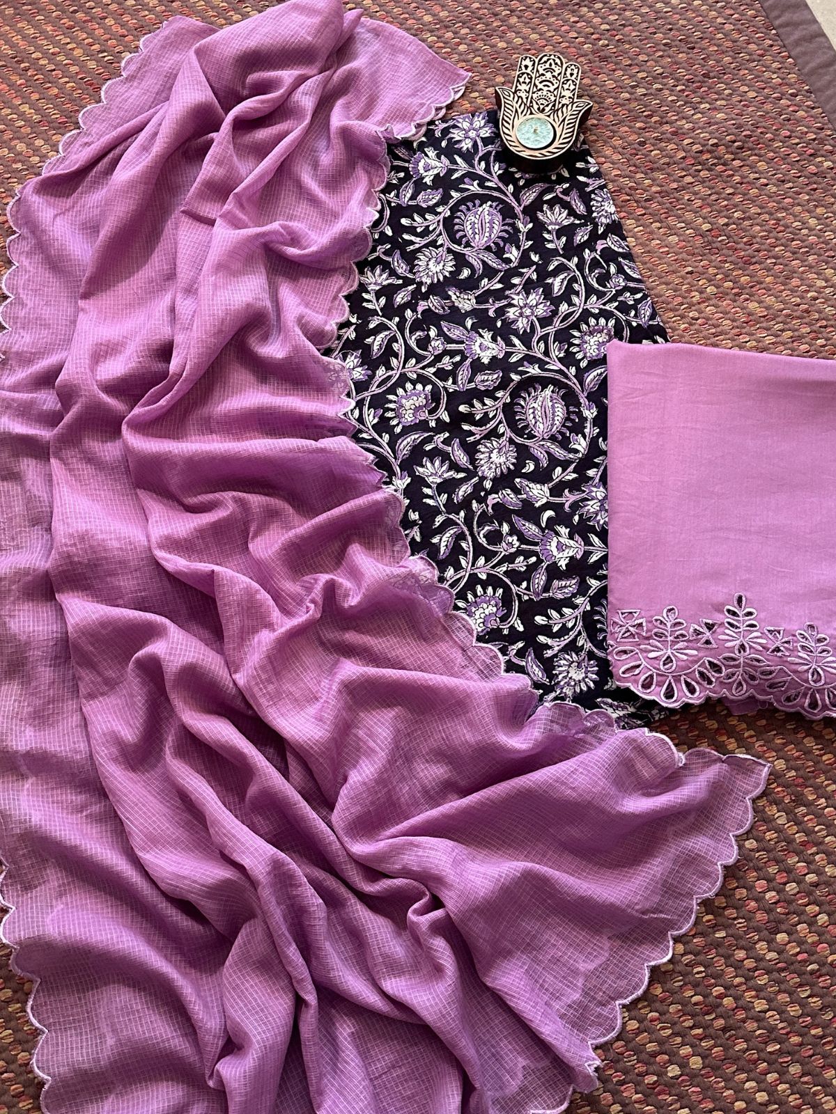 Pure Cotton Hand-blocked Fabric with Cutwork Bottom & Kota Doria Dupatta
