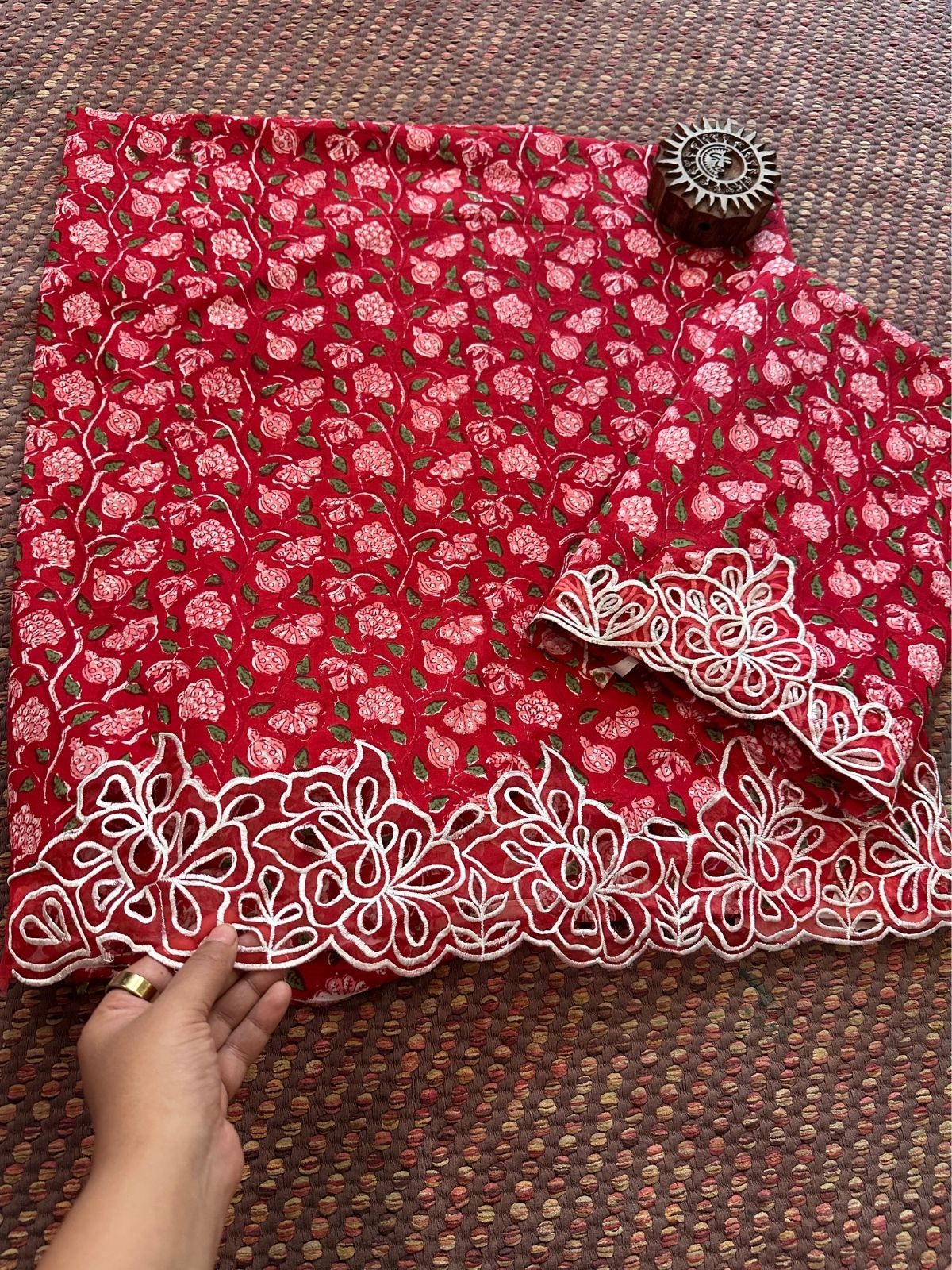 Pure Cotton Hand-blocked Coord Set with Cutwork on Organza Patch Work.
