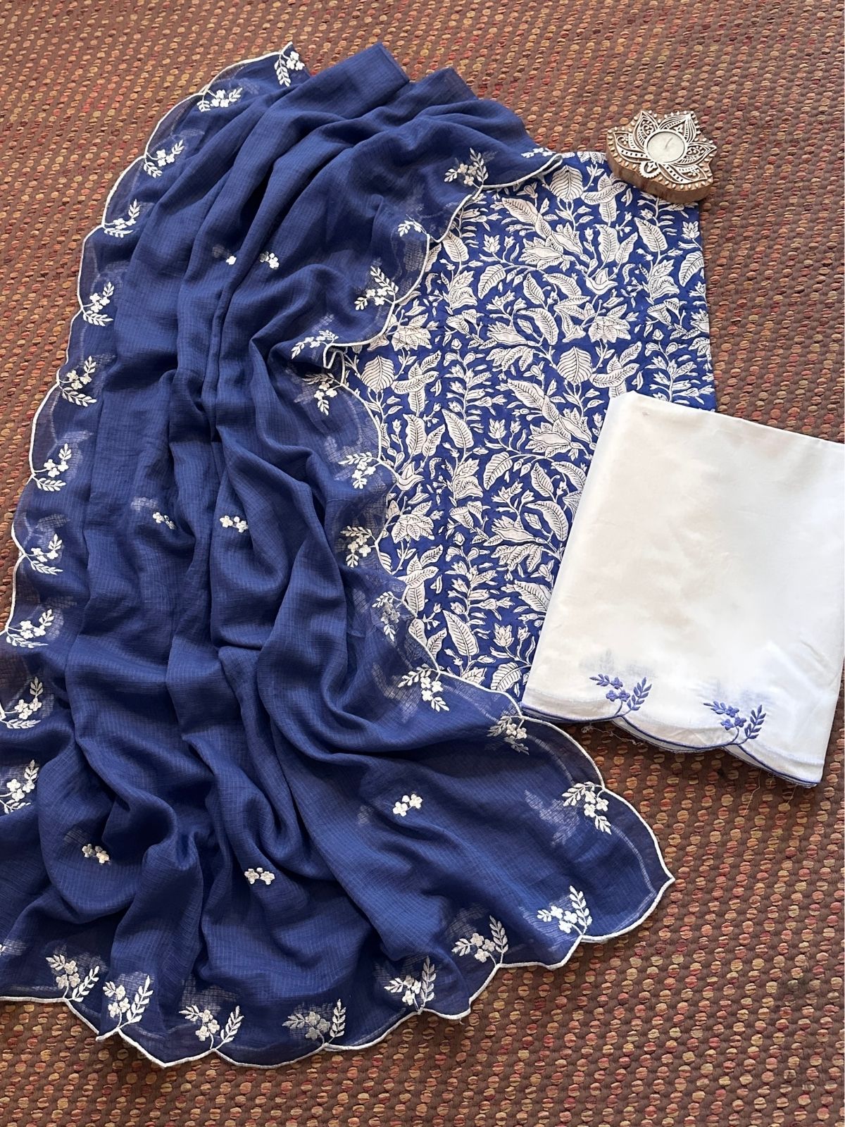 Pure Cotton Hand-block Fabric with Embroidered Bottom & Kota Doria Dupatta
