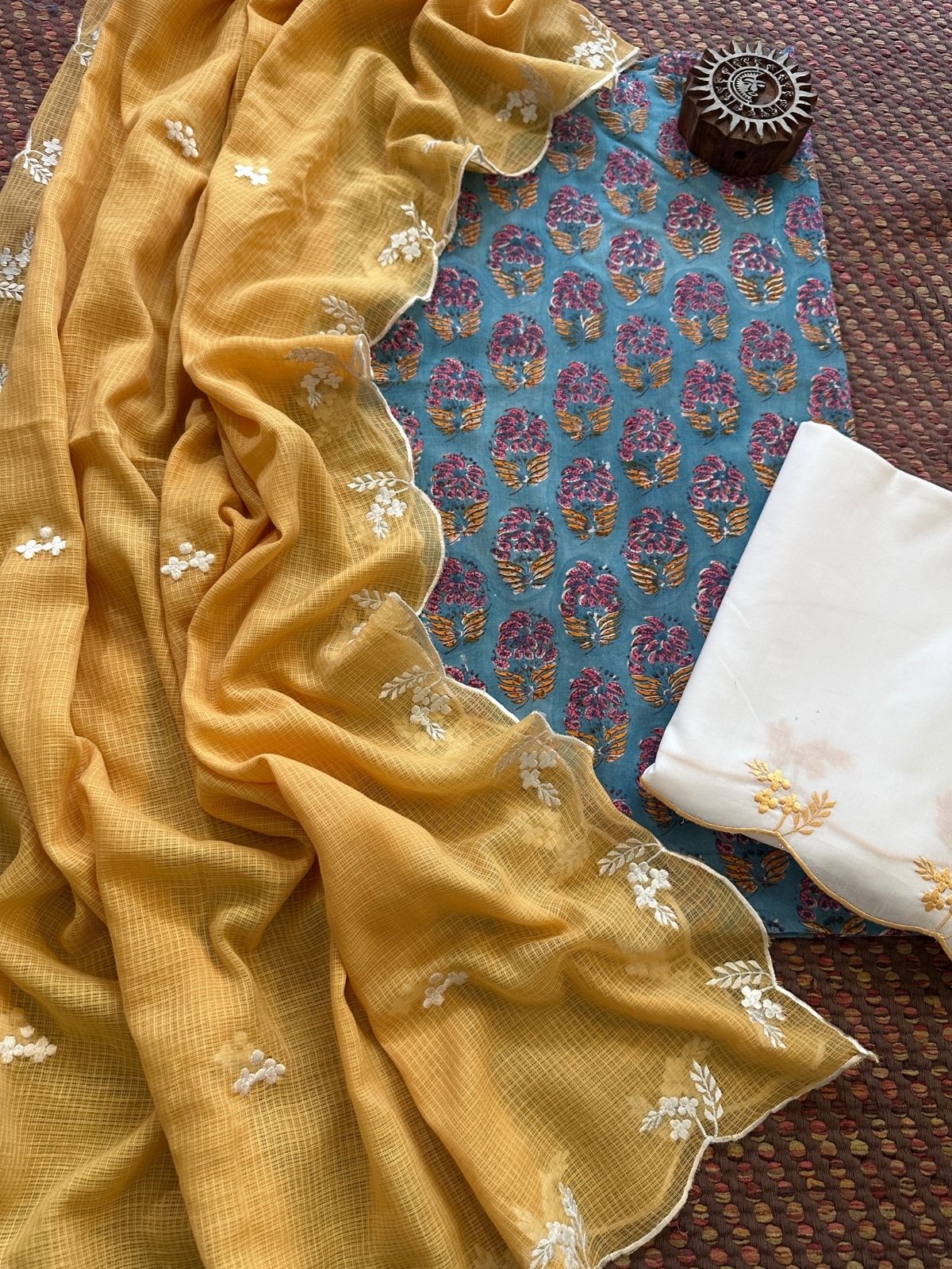 Pure Cotton Malmal Hand-block Fabric with Embroidered Bottom & Kota Doria Dupatta