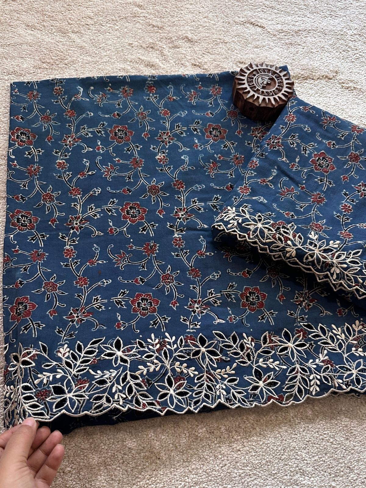 Exclusive Cutwork embroidered Ajrak Cotton Malmal Coord Set