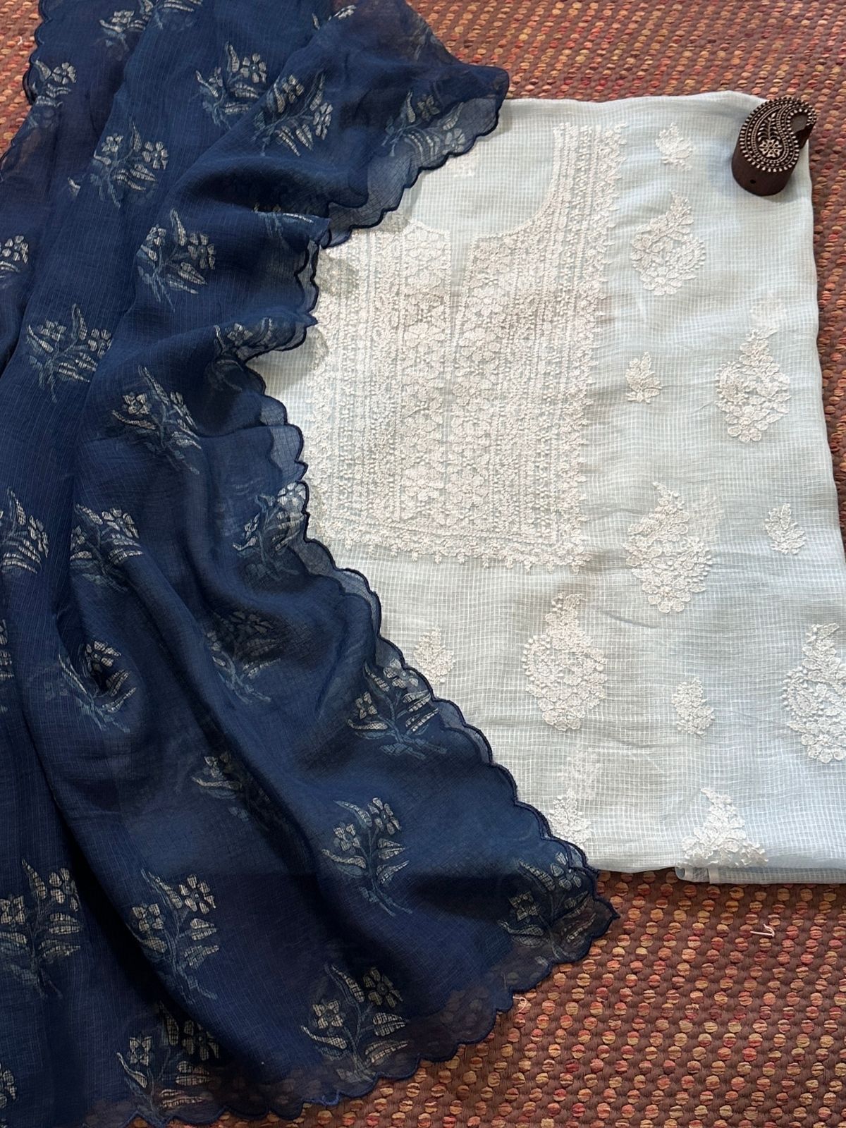 Chikankari Hand Embroidered Fabric with Indigo Hadblocked Kota Dupatta