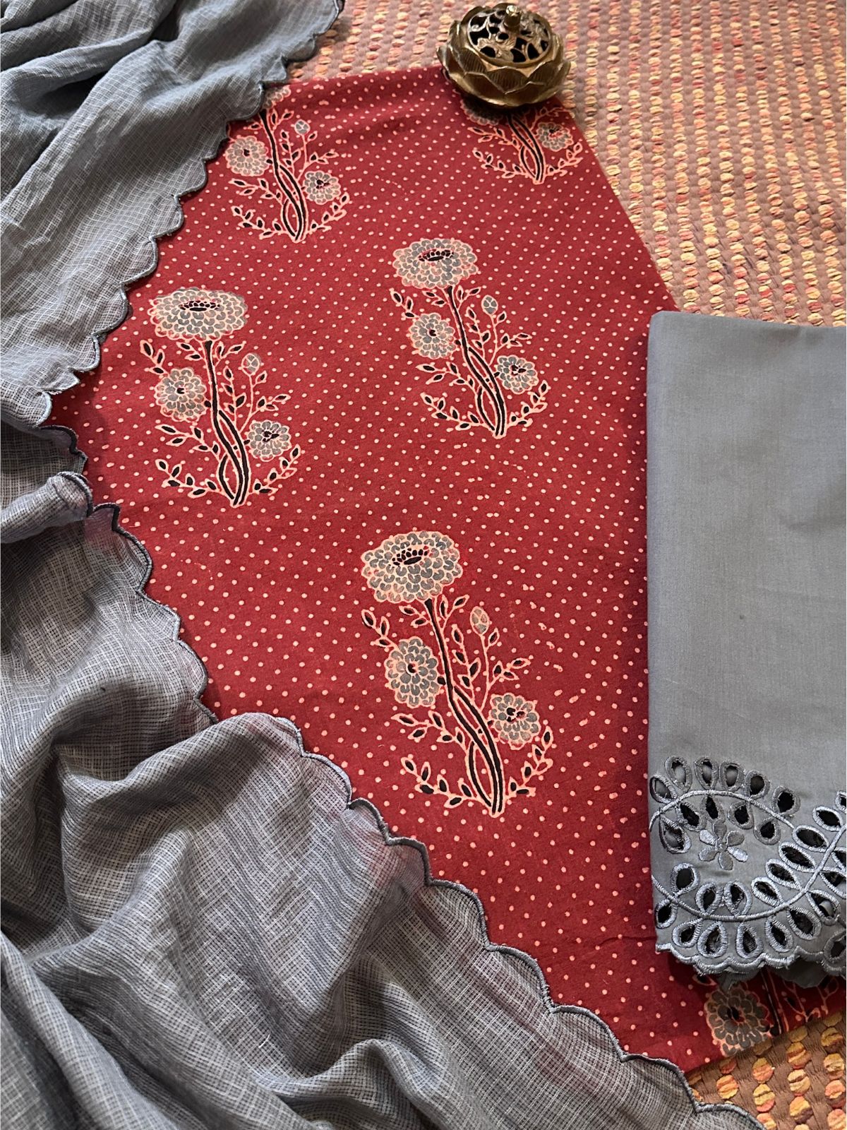 Pure Cotton Mul Ajrak with Scalloped Dupatta & Cutwork Bottom