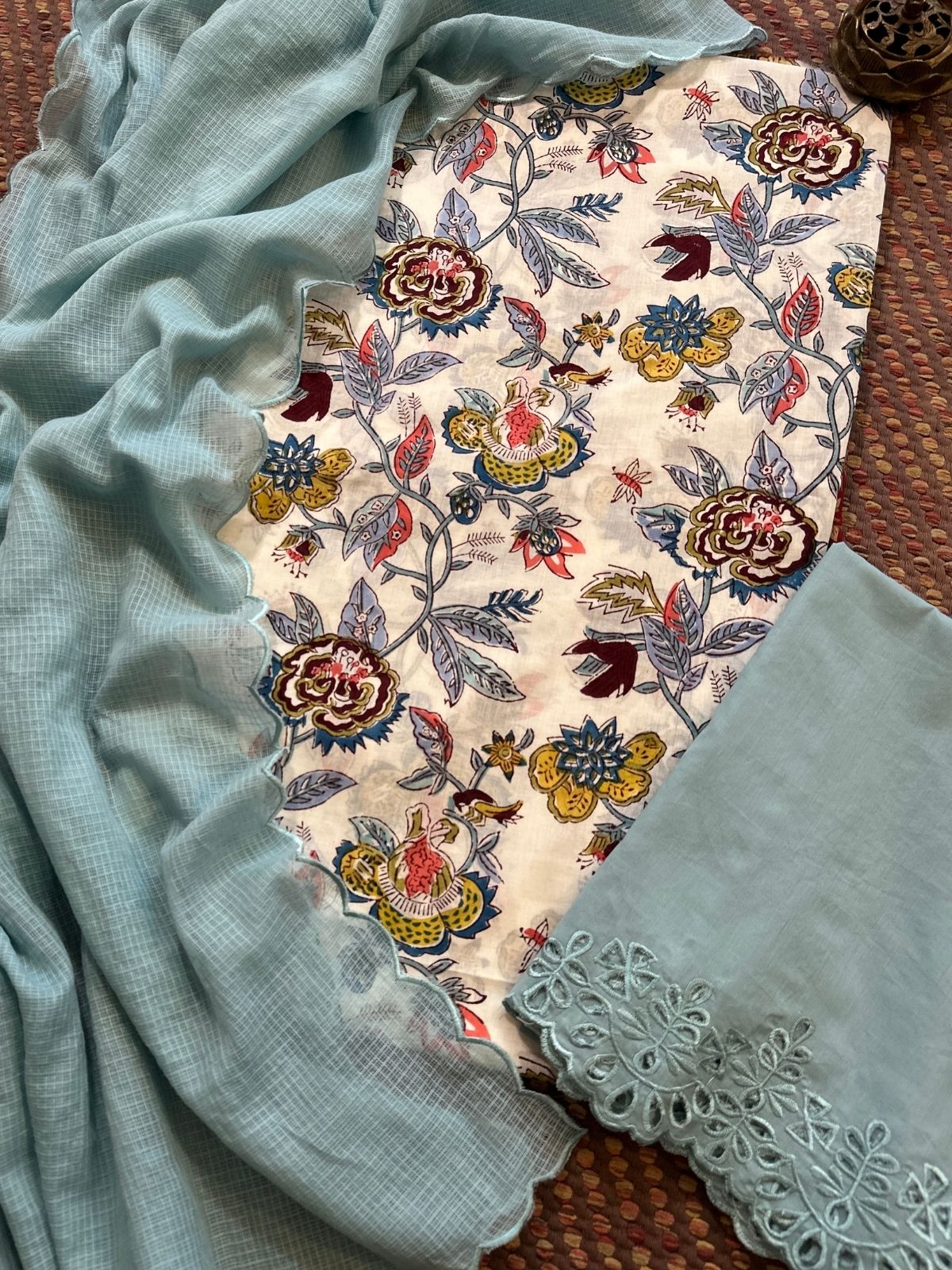 Pure Cotton Malmal Hand-blocked Fabric with Cutwork Bottom & Kota Doria Dupatta