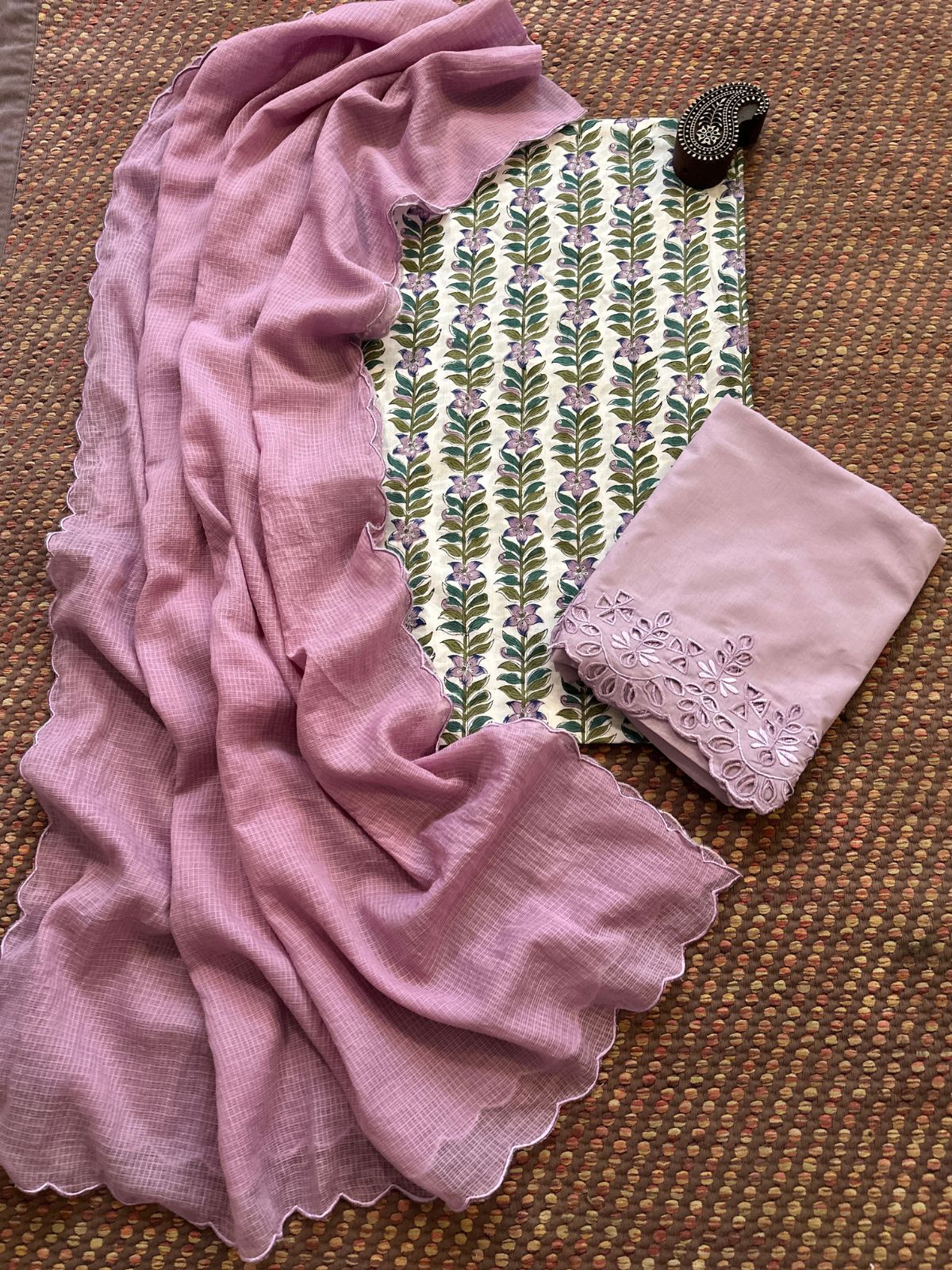 Pure Cotton Hand-blocked Fabric with Cutwork Bottom & Kota Doria Dupatta