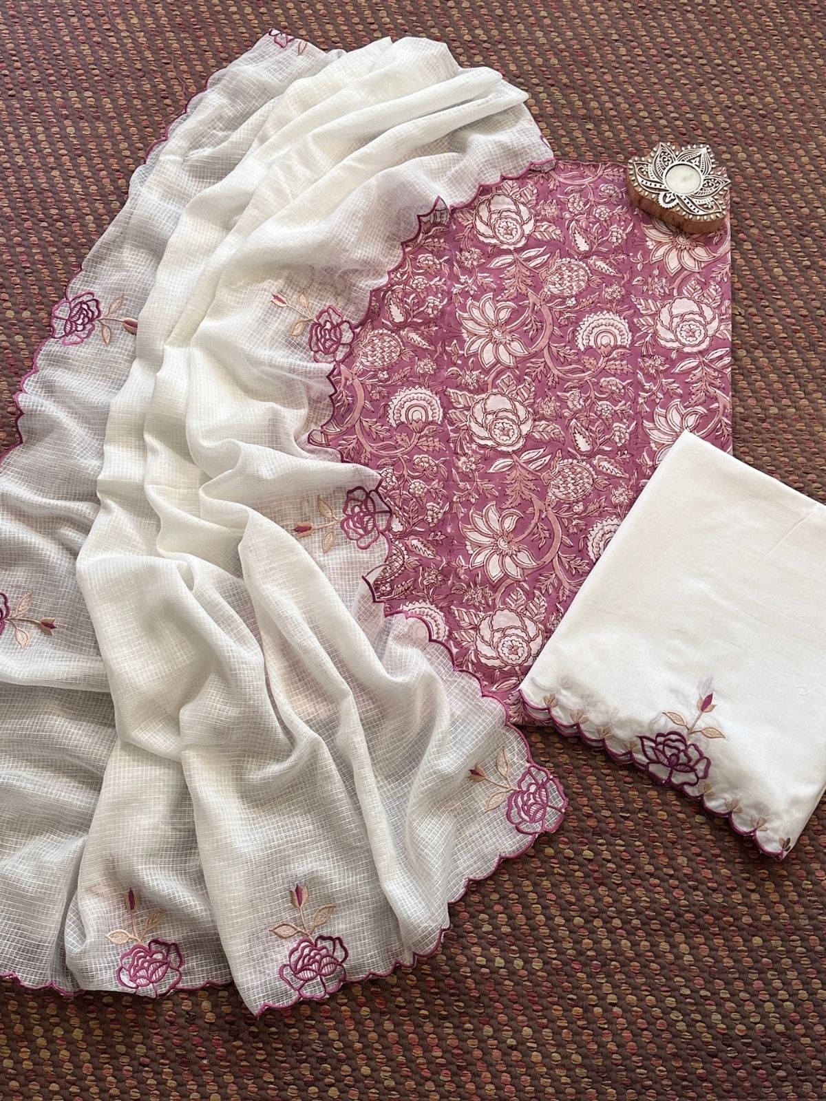 Pure Cotton Hand-block Fabric with Embroidered Bottom & Kota Doria Dupatta