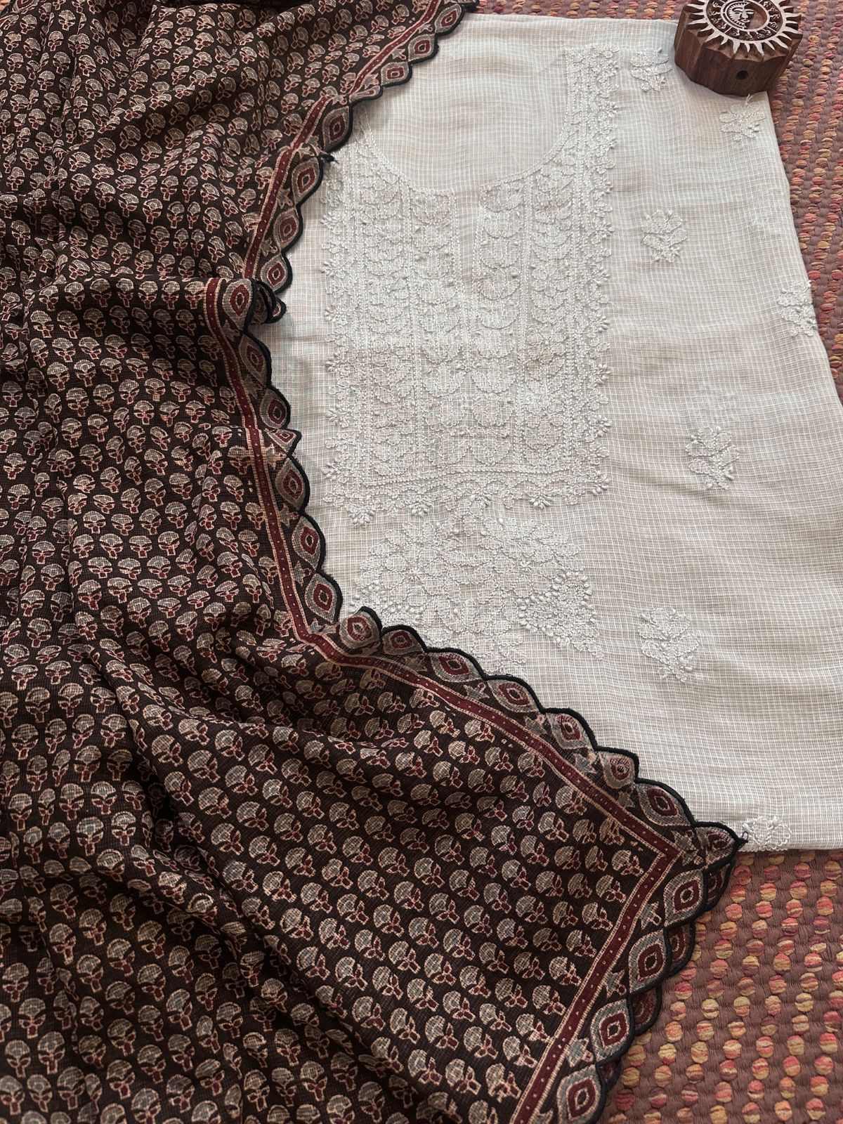 Chikankari Hand Embroidered Fabric with Ajrak Hadblocked Kota Dupatta