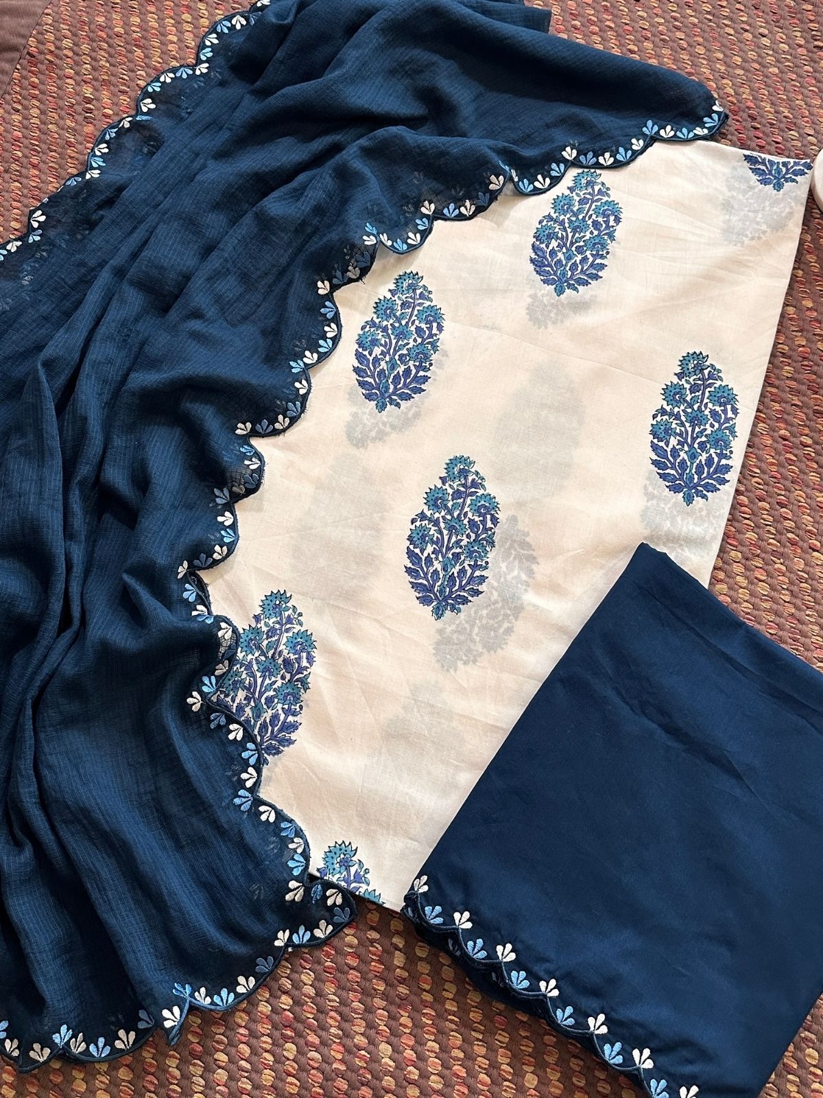 Pure Cotton Hand blocked Set with Embroidered Dupatta
