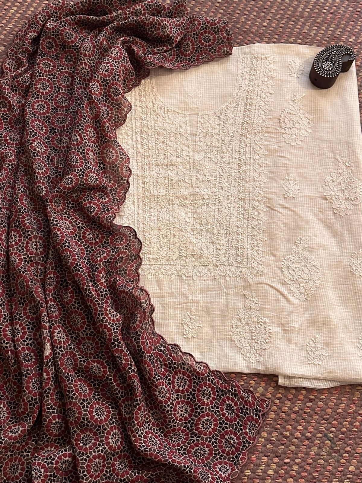 Chikankari Hand Embroidered Fabric with Ajrak Hadblocked Kota Dupatta