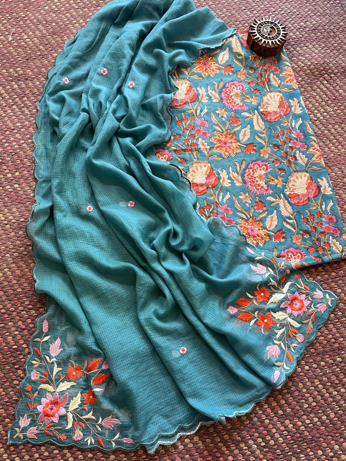 Pure Cotton Hand blocked fabric paired with a embroidered kota doria dupatta.