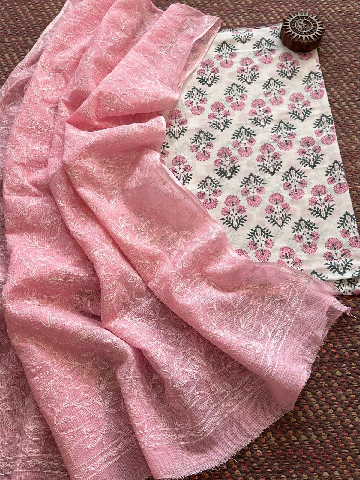Pure Cotton Hand Blocked Fabric with Chikankari Dupatta